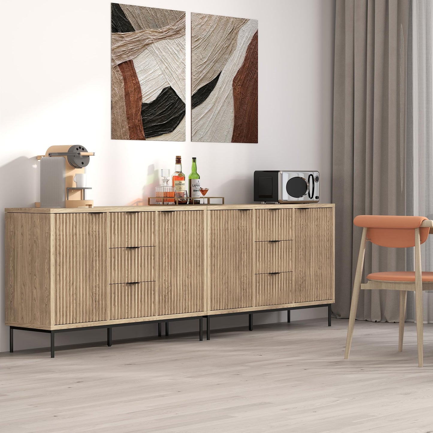 **Fluted Buffet Cabinet with Storage, Modern Sideboard with 2 Doors, 3 Drawers, and Adjustable Shelf, Coffee Bar Cabinet Credenza Buffet Table for Kitchen and Living Room, Oak**