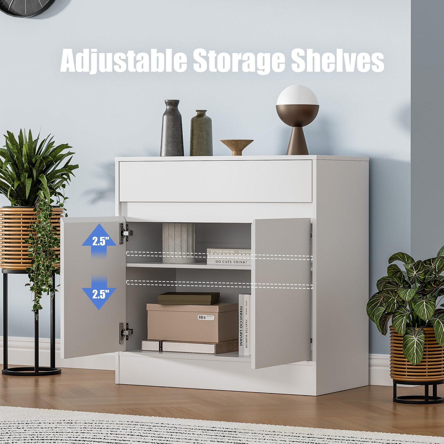 Buffet Cabinet with 2 Doors, Drawer, and Adjustable Shelf, Modern Kitchen Sideboard Coffee Bar for Living Room or Kitchen, White