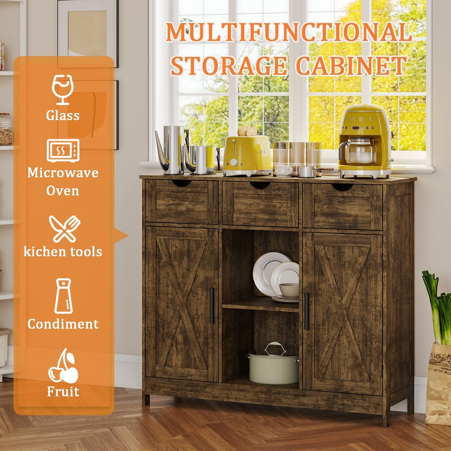 Storage Cabinet with 2 Doors, 3 Drawers, and 2 Adjustable Shelves, Coffee Bar Sideboard for Bathroom, Kitchen, or Living Room, Retro