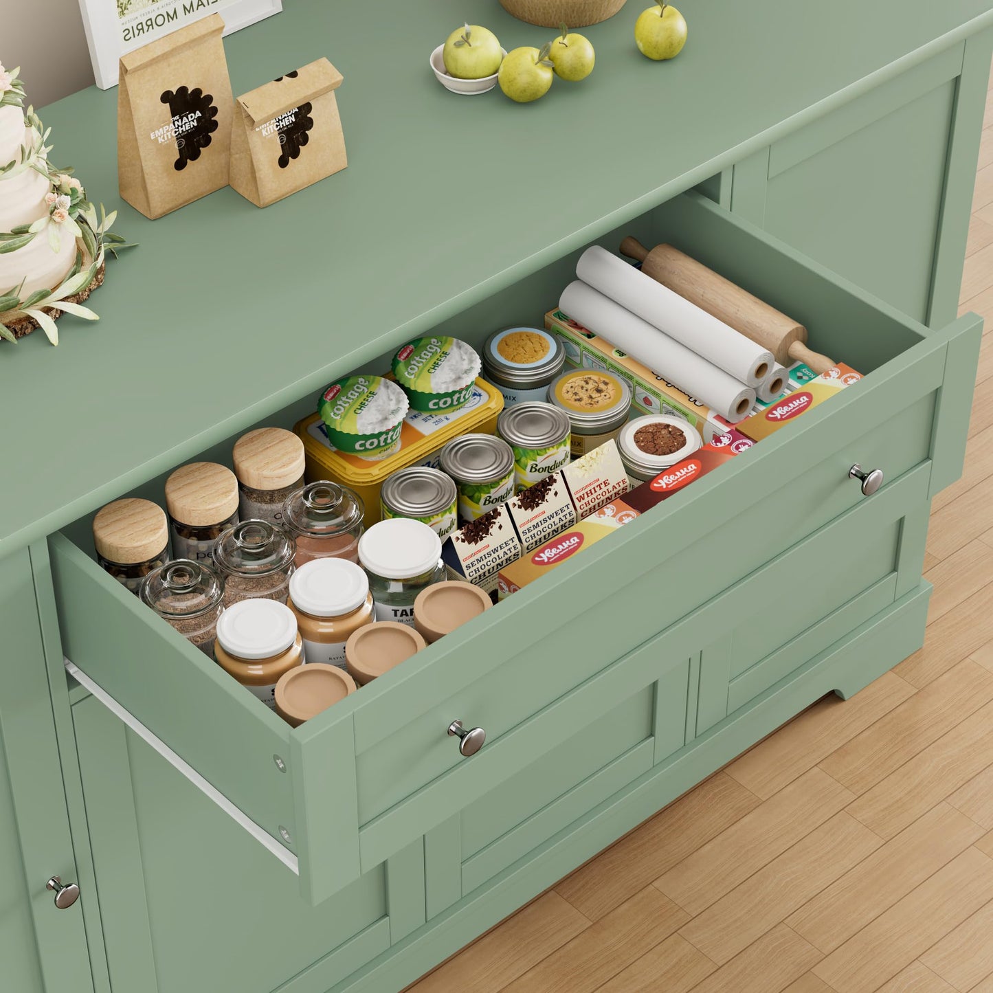 **HITHOS 54" Modern Buffet Cabinet with Storage, Green Kitchen Sideboard with Drawer, Wood Coffee Bar Station with Adjustable Shelves for Living Room**