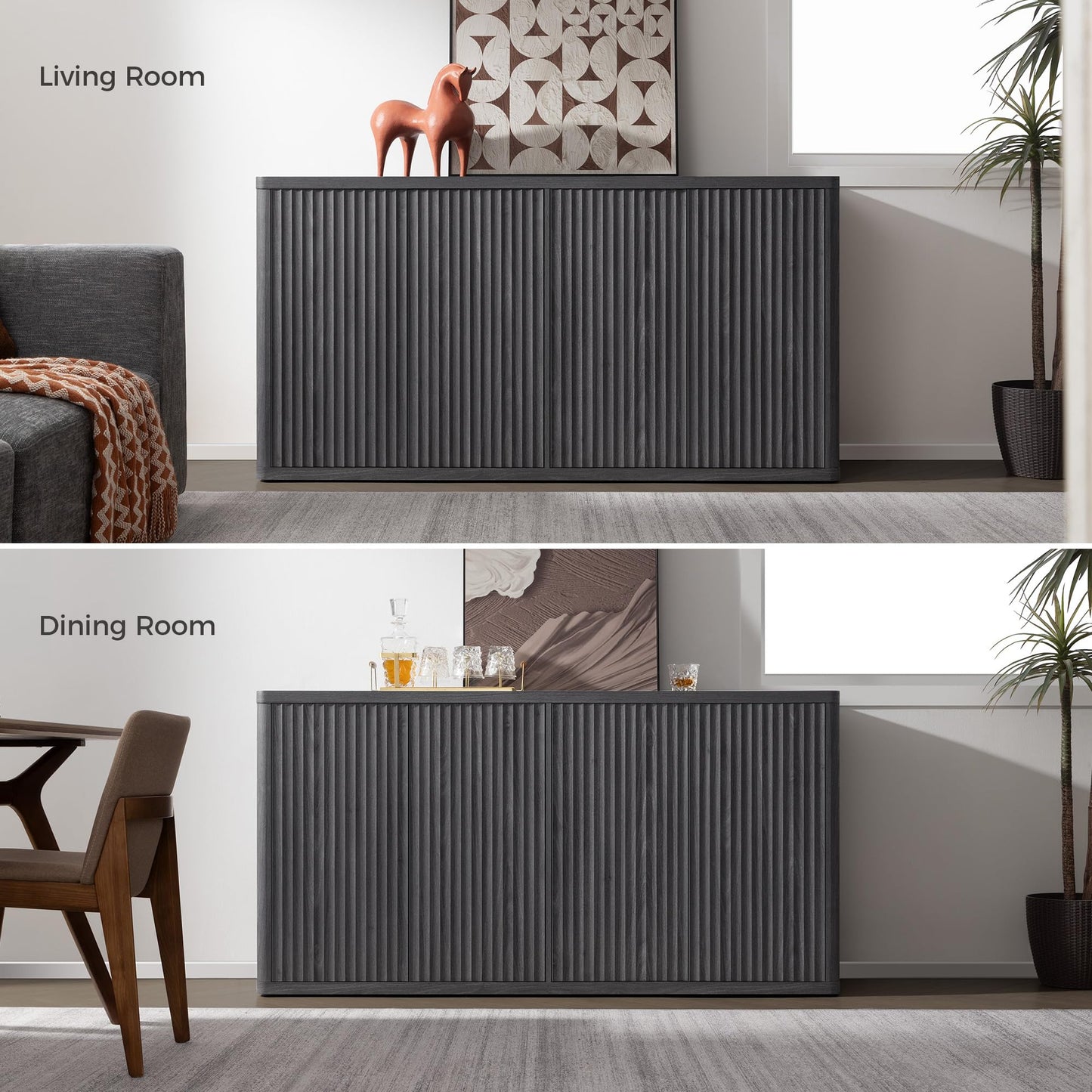 SICOTAS 66.3" Modern Fluted Buffet Cabinet with Storage, Accent Sideboard with 4 Doors, Wide Credenza Buffet Table Media Console Cabinet for Entryway, Living Room, Kitchen, Dining Room, or Hallway