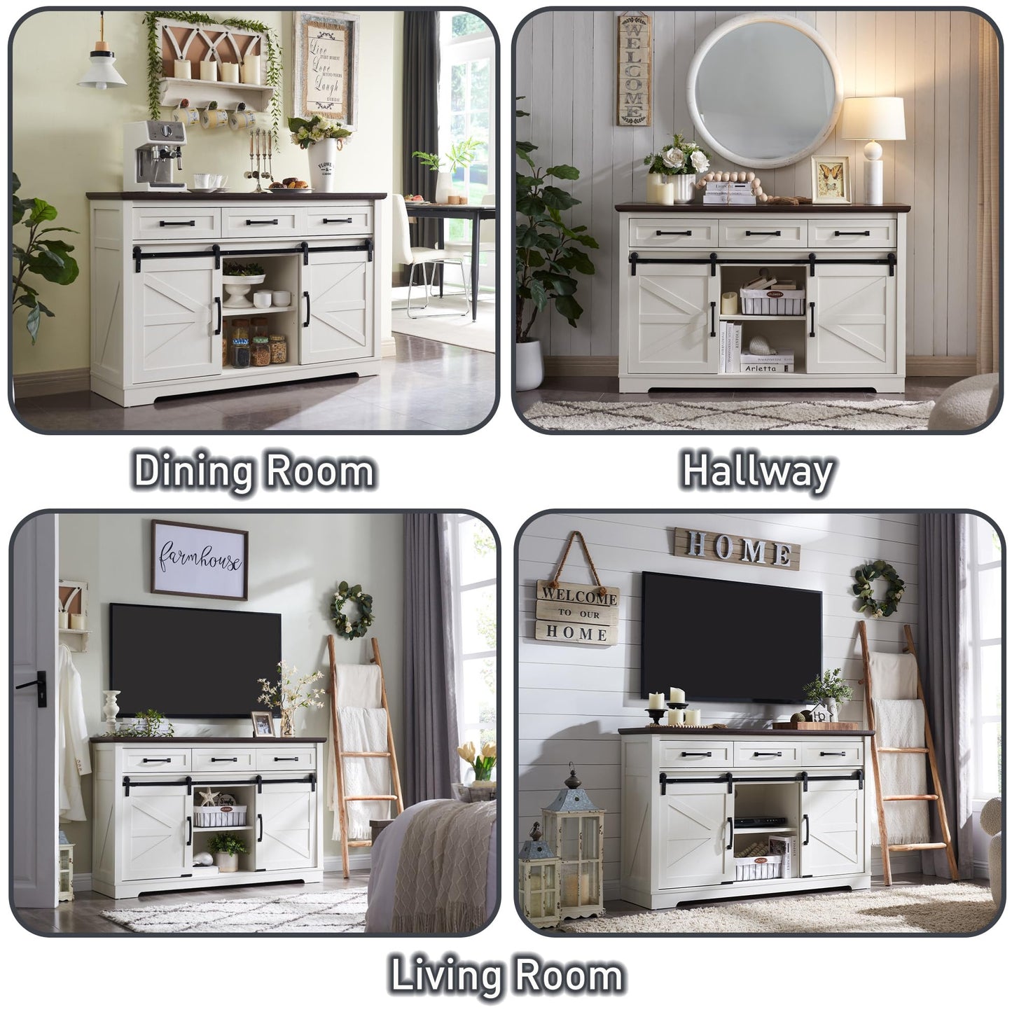 **Farmhouse Buffet Cabinet, 53" Sideboard with 3 Drawers, Rustic Storage Cabinet with Sliding Barn Door, Coffee Bar for Dining Room, Kitchen, Hallway, or Living Room, White**