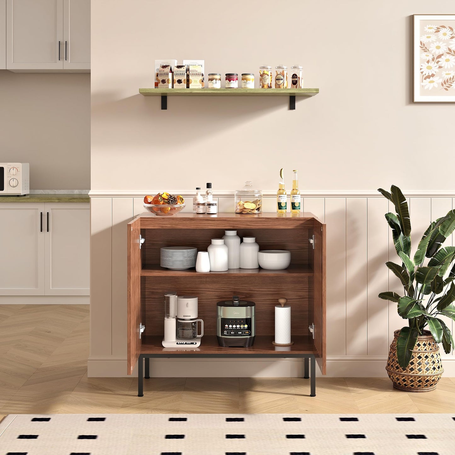 **32" Storage Cabinet, Modern Coffee Bar with Adjustable Shelf and Metal Base, Wood Multifunctional Console Table for Kitchen, Living Room, and Entryway, Brown**