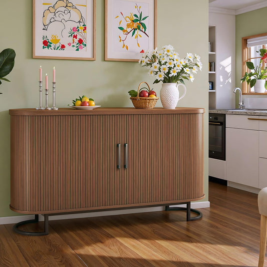 **54.3" Sideboard Buffet Cabinet with Storage, Sliding Door & Adjustable Shelf, Mid-Century Modern Coffee Bar Console Table for Kitchen and Entryway, Walnut**