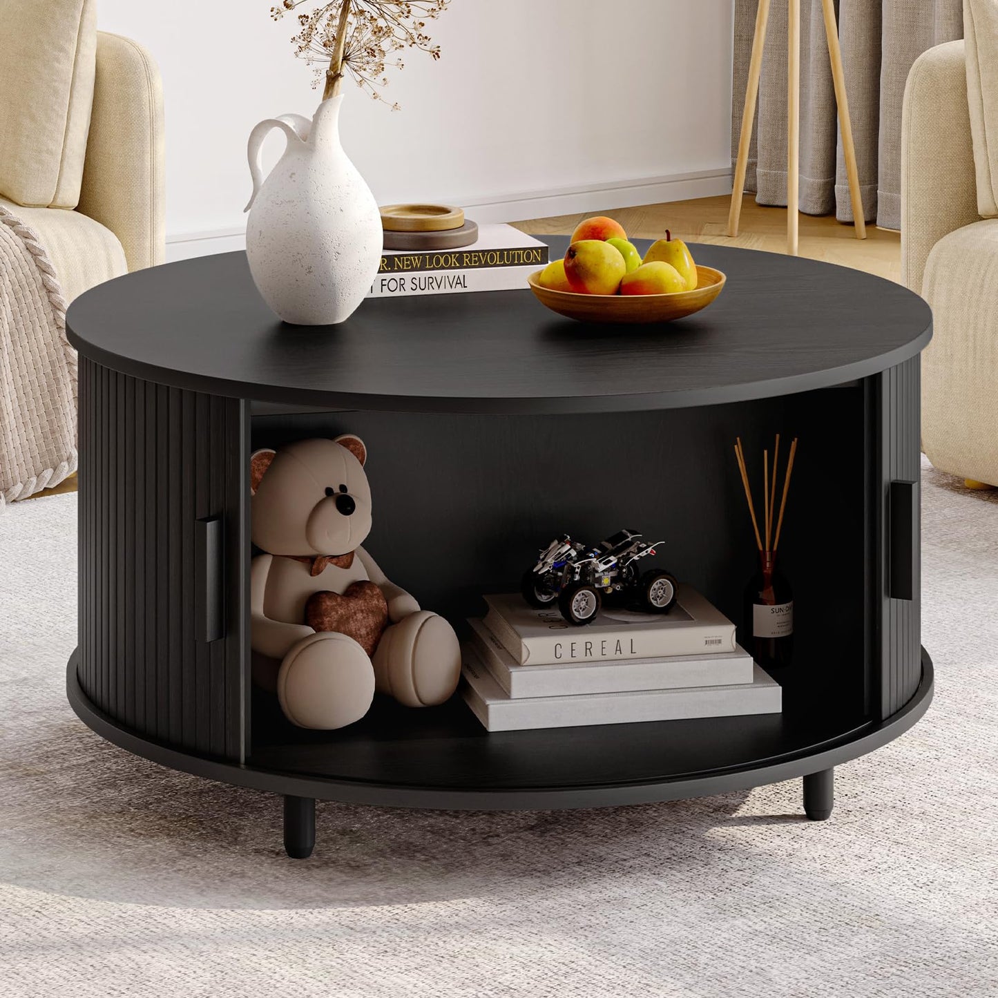 Round Coffee Table with Storage, 31.5" Modern Fluted Wood Table with 360° Sliding Door and Adjustable Footpads, Black
