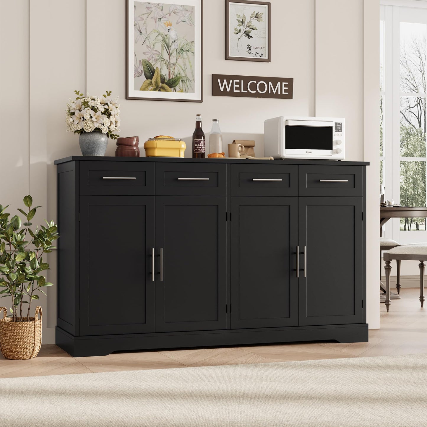 60" Large Buffet Sideboard with 4 Drawers and Storage, 36" Tall Modern Kitchen Cabinet with Silver Handles, Black