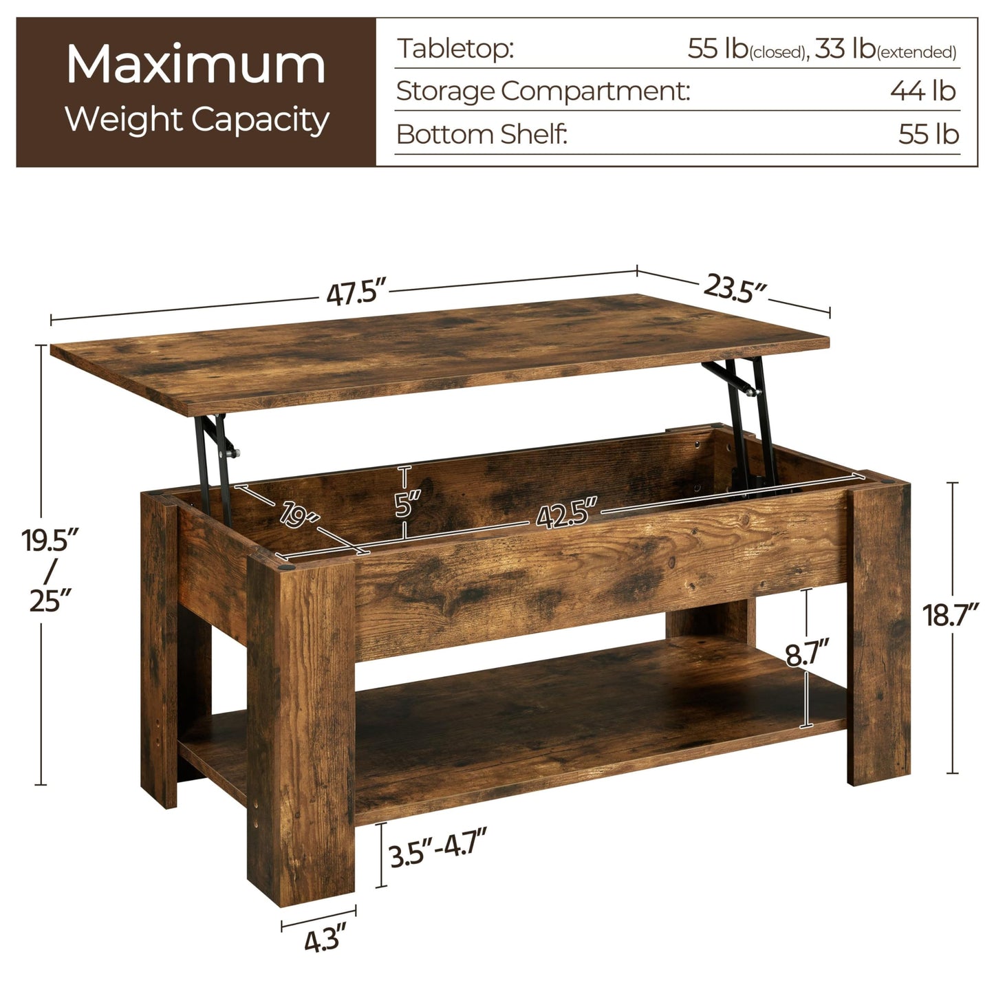 Yaheetech 47.5" Lift Top Coffee Table with Hidden Compartment & Storage Shelf – Rising Tabletop Convertible Dining Table for Living Room or Reception, Rustic Brown