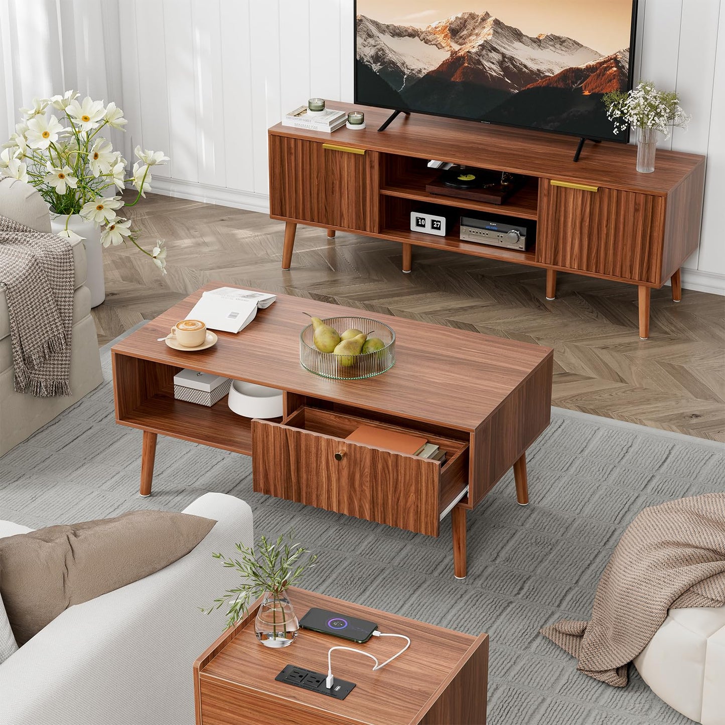 Mid-Century Modern Coffee Table with Storage – Fluted Drawer & Solid Wood Legs, Small Center Table for Living Room, Walnut