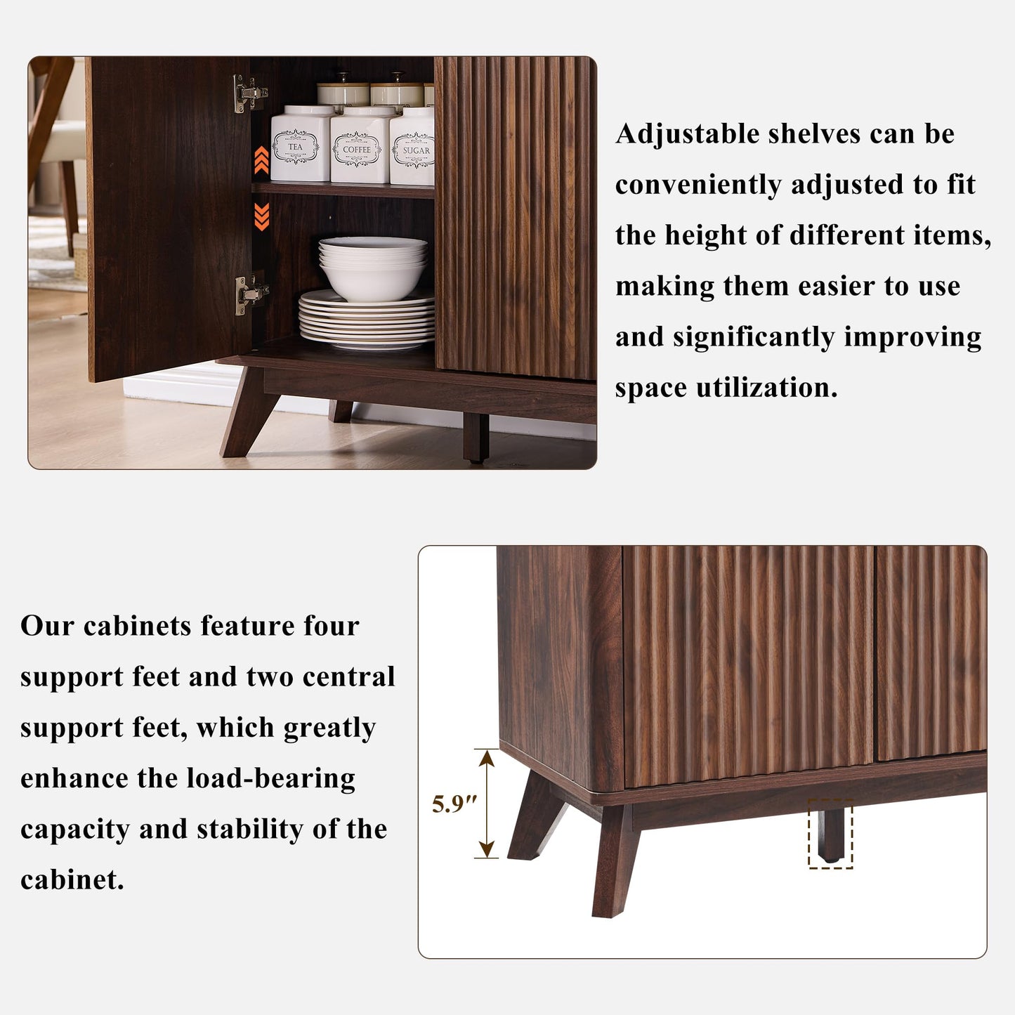 **T4TREAM 60" Fluted Buffet Sideboard Cabinet with Storage, Modern Large Buffet Table with 3 Drawers & 4 Doors for Dining Room, Living Room, or Hallway, Dark Walnut**