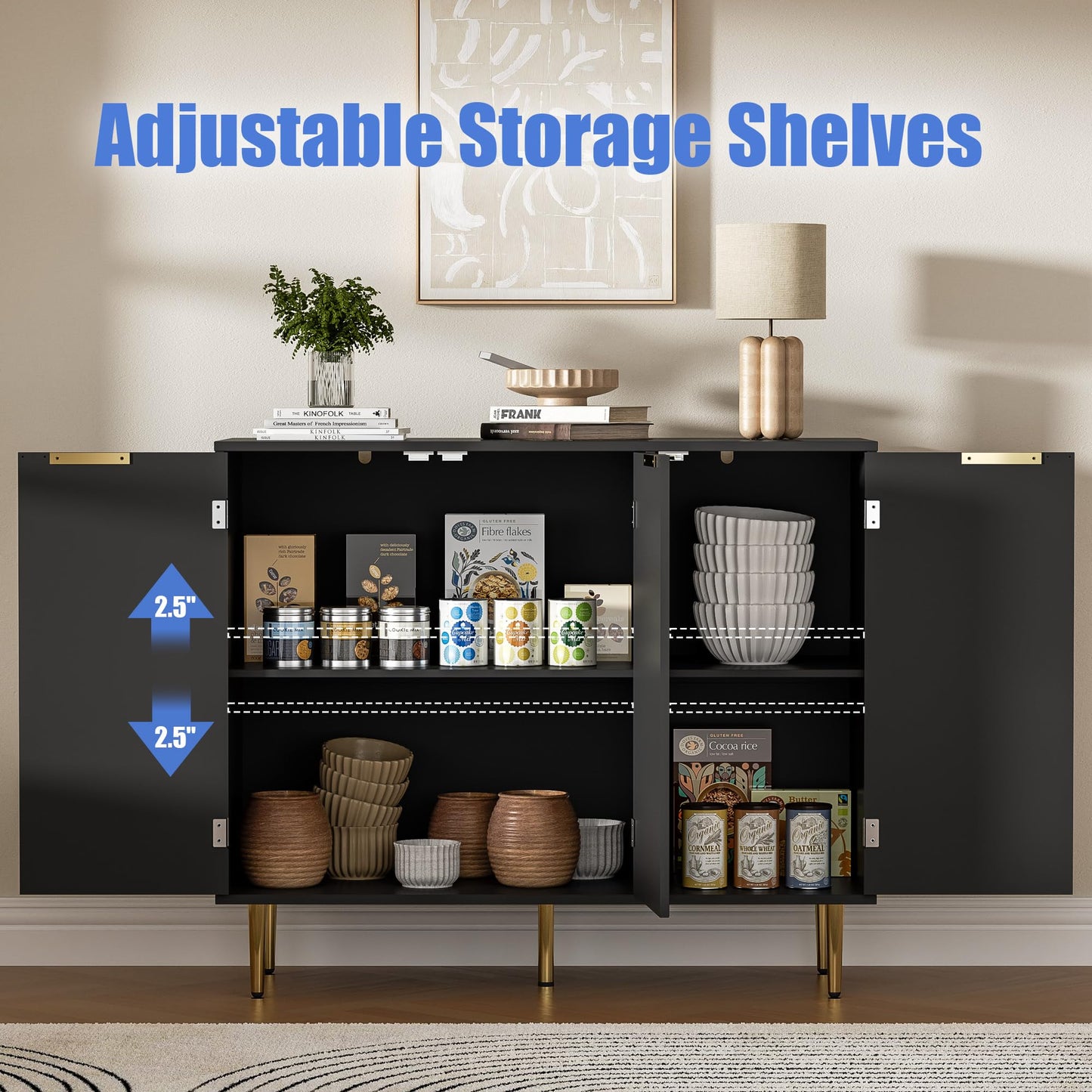 Fluted Sideboard Buffet with 3 Doors and Adjustable Shelves, Modern Kitchen Storage Cabinet with Gold Handles, Coffee Bar for Living Room or Kitchen, Black