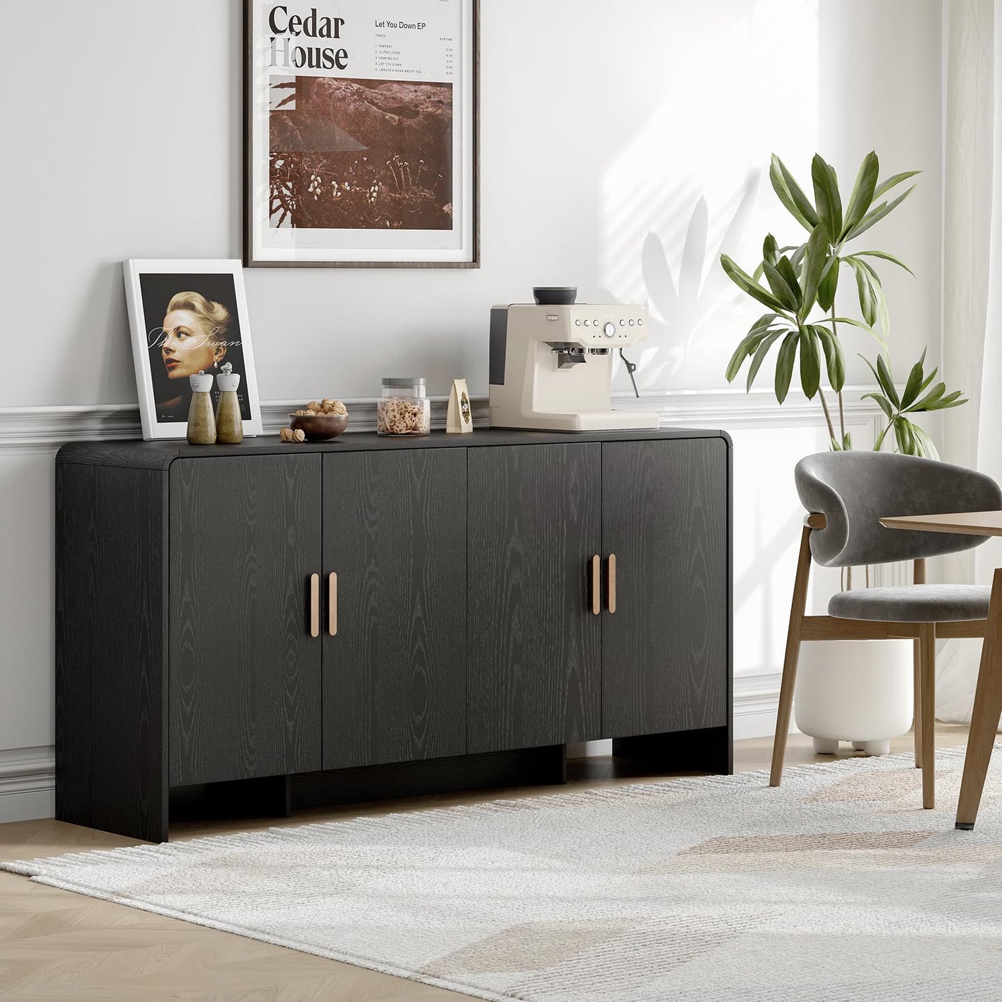 60" Curved Sideboard Buffet Cabinet with 4 Doors and Adjustable Shelves, Farmhouse Coffee Bar Storage for Living Room, Kitchen, or Hallway, Black