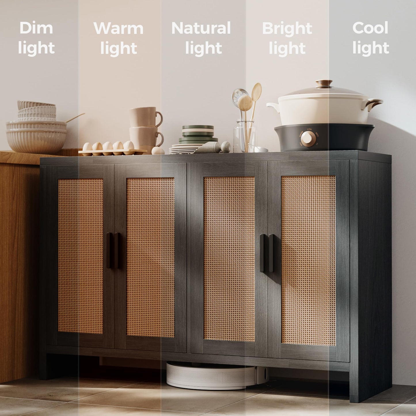 **Rattan Buffet Cabinet with Storage, Sideboard with Doors, TV Stand, Farmhouse Coffee Bar, Modern Wood Storage Cabinet for Living Room, Kitchen, or Dining Room, Black**