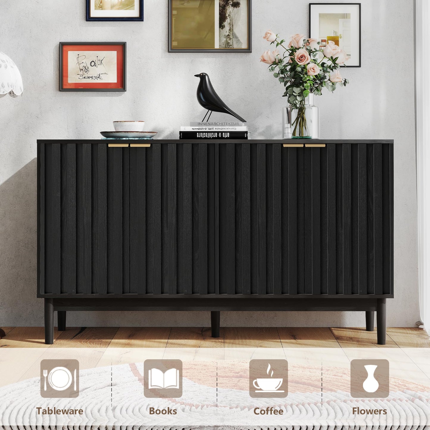 Small Fluted Buffet Cabinet with Door and Adjustable Shelves, Modern Sideboard Storage for Kitchen, Living Room, or Hallway, Black