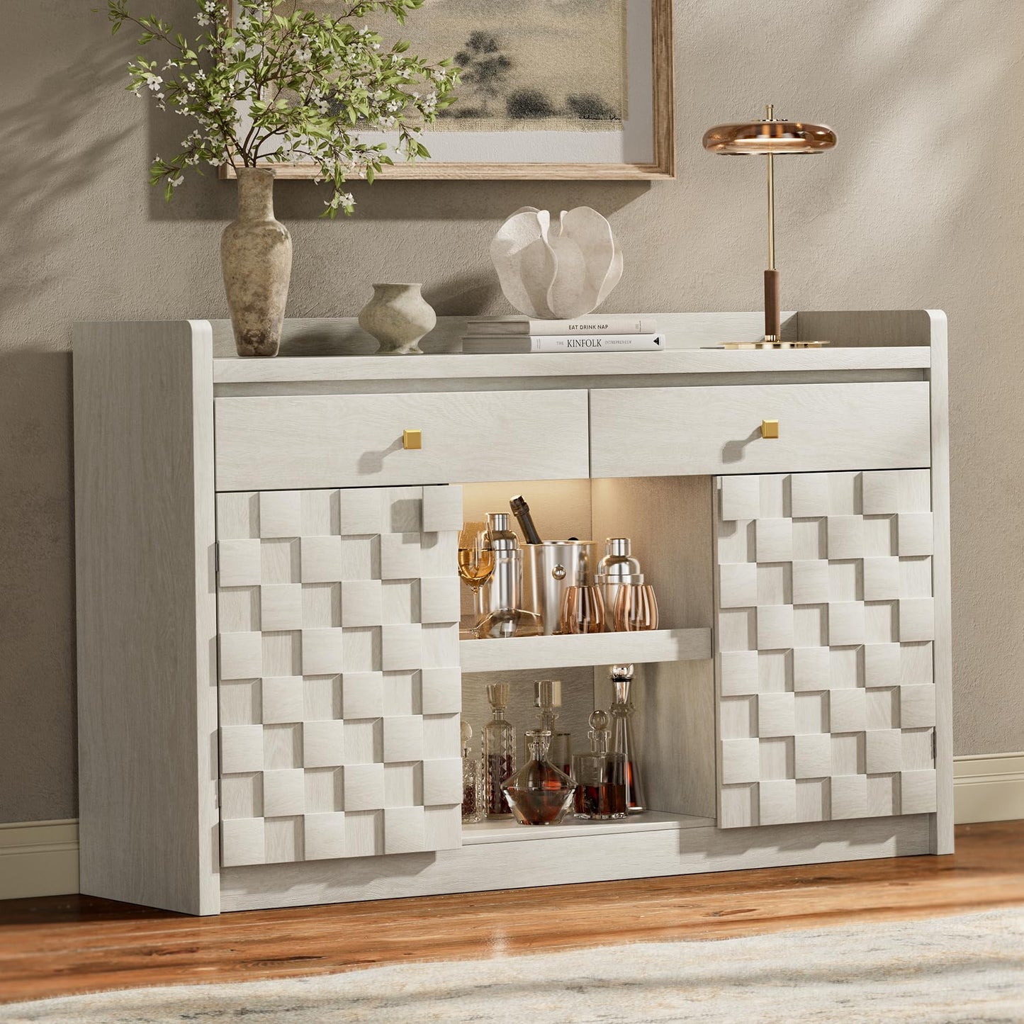 55" Fluted Sideboard Buffet Cabinet with Charging Station and LED Light, 2 Drawers, Pull-Out Shelf, and Spice Rack, Modern Kitchen Storage, White Oak