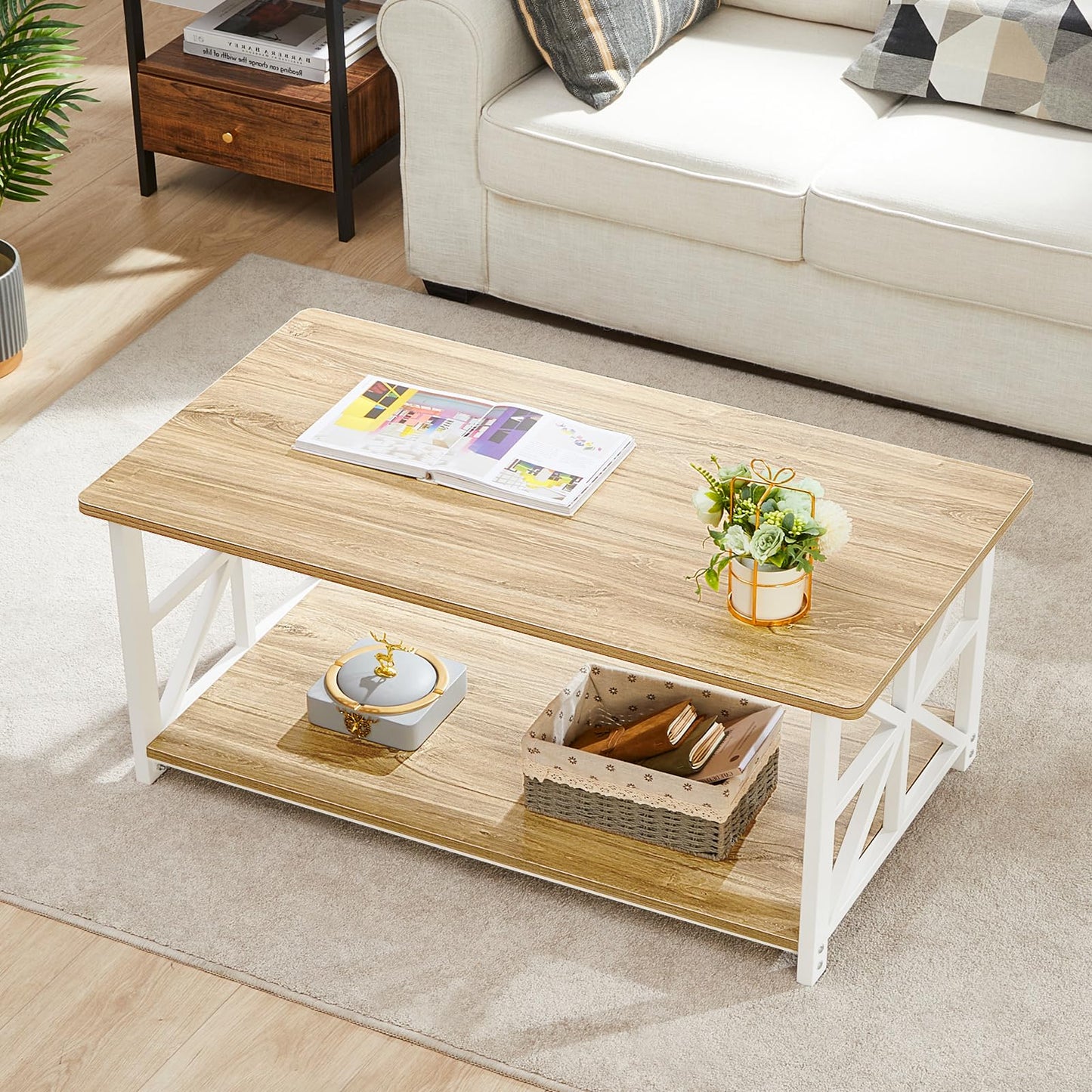 GreenForest 39" Coffee Table with Round Corners, Farmhouse Center Table with 2-Tier Storage Shelf, X-Frame Design for Living Room, Oak