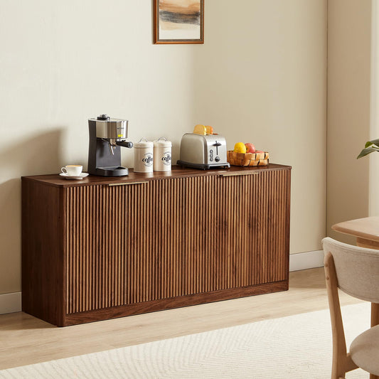 59" Fluted Walnut Sideboard Buffet Cabinet with 4 Doors, Large Wood Mid-Century Modern Storage Cabinet for Kitchen and Living Room