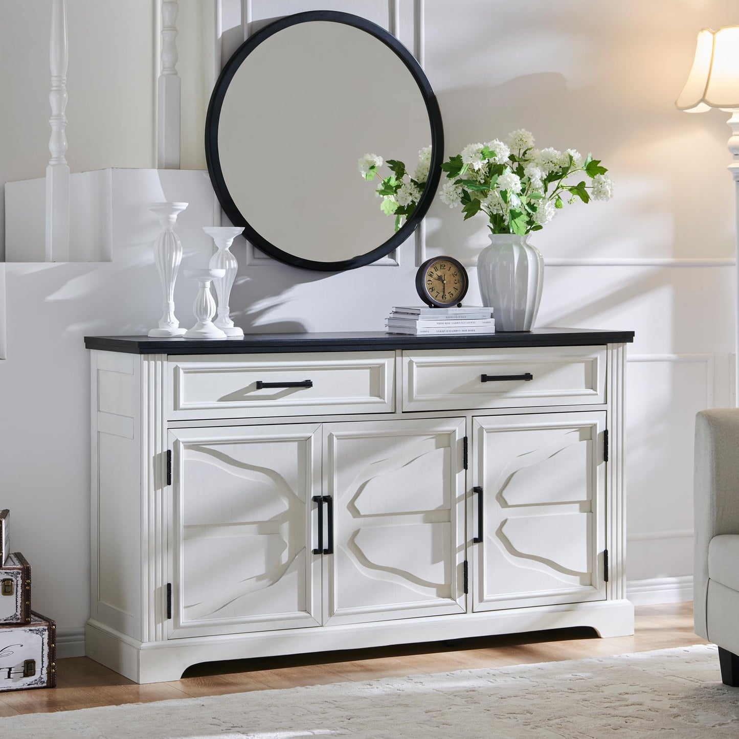 55" Large Buffet Sideboard Cabinet with 3 Doors and 2 Drawers, Storage Buffet Table for Dining or Living Room, Off White