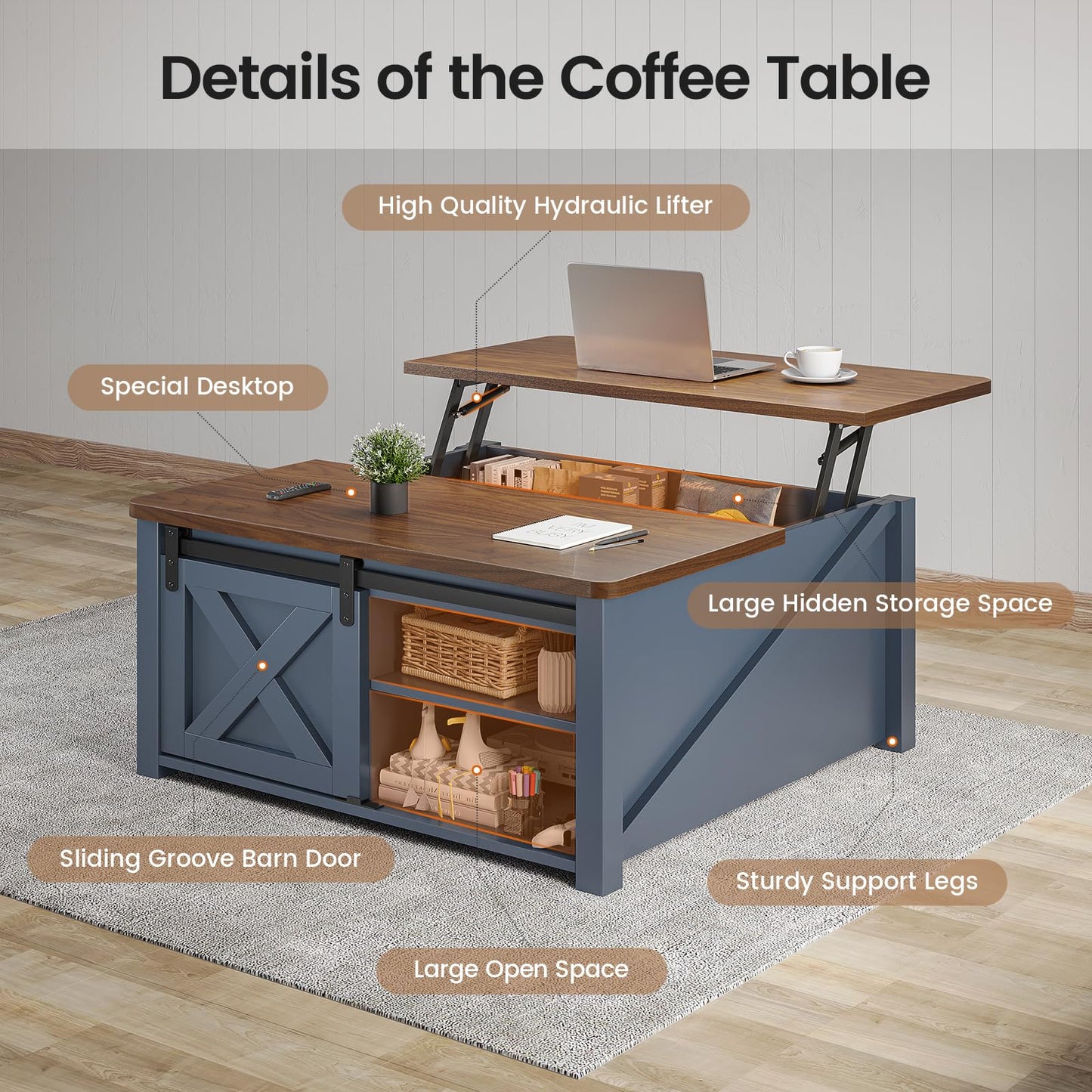 SEDETA 31.5" Lift Top Square Coffee Table with Storage – Farmhouse Living Room Table featuring Large Hidden Compartment, Adjustable Shelves & Stylish Blue Finish