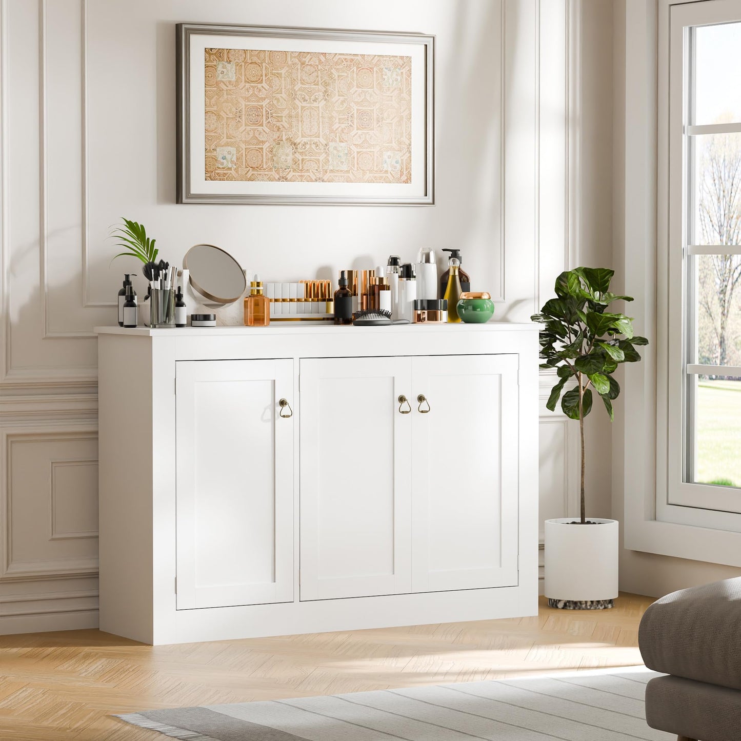 44.5" White Buffet Cabinet with Storage, Wood Console Table Coffee Bar Sideboard for Kitchen, Dining, Living Room, or Entryway