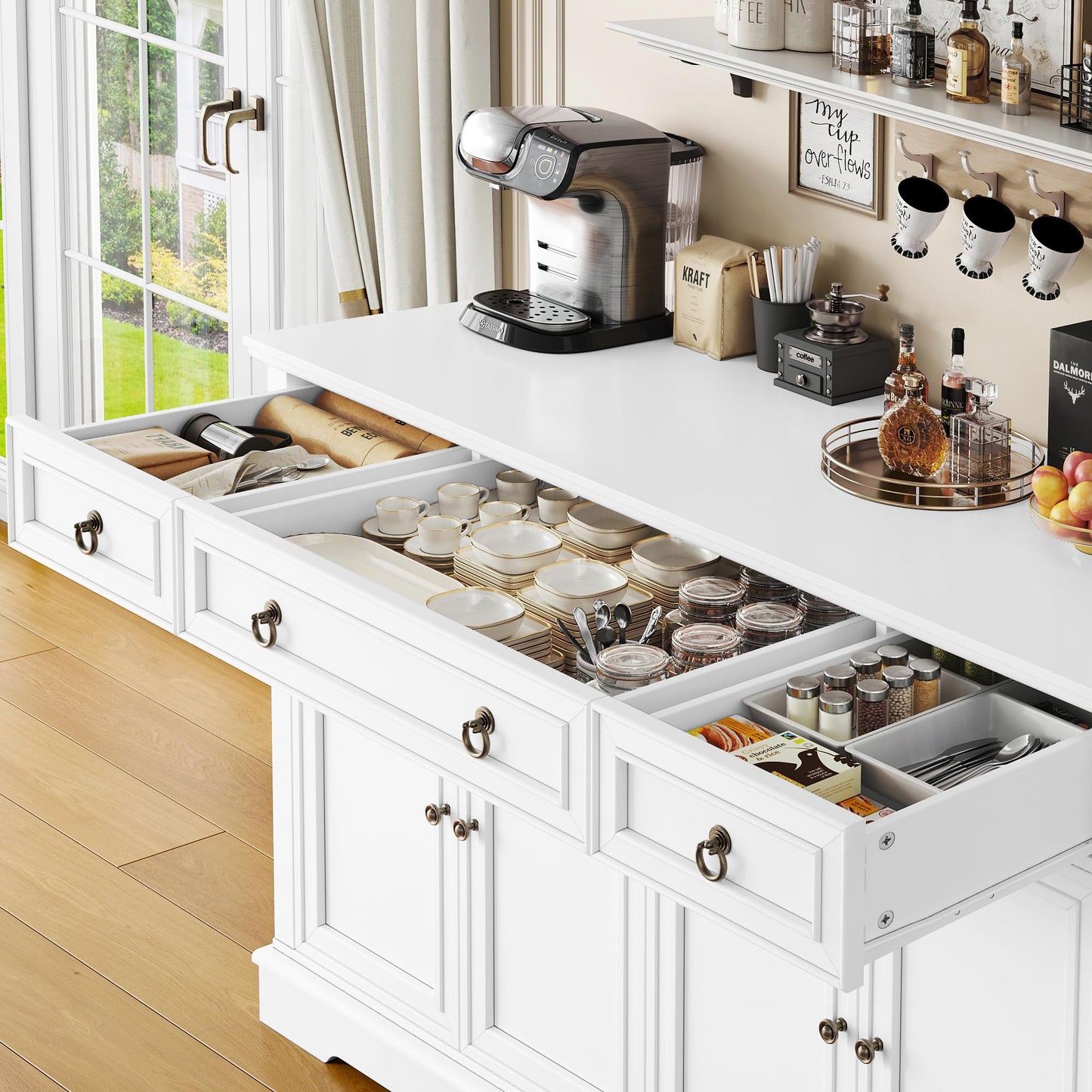 FINETONES 52.7" Large Buffet Cabinet with Storage, Modern Sideboard with 3 Drawers and 4 Doors, Wooden Coffee Bar Cabinet for Kitchen, Dining Room, or Living Room, White