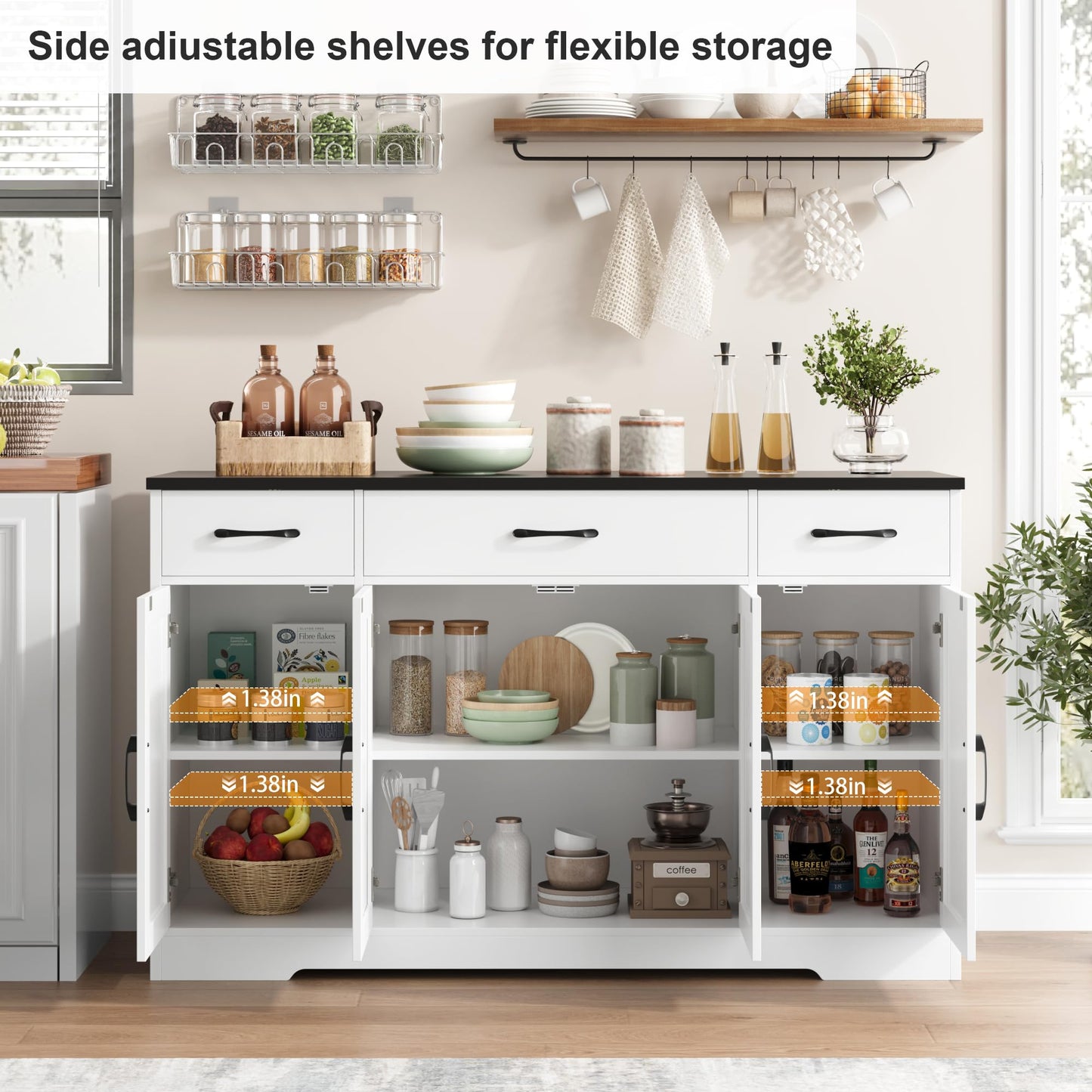 55" Large Buffet Sideboard Cabinet with Drawers, Shelves, and Doors, Modern Farmhouse Coffee Bar Station for Kitchen or Dining Room, White/Black