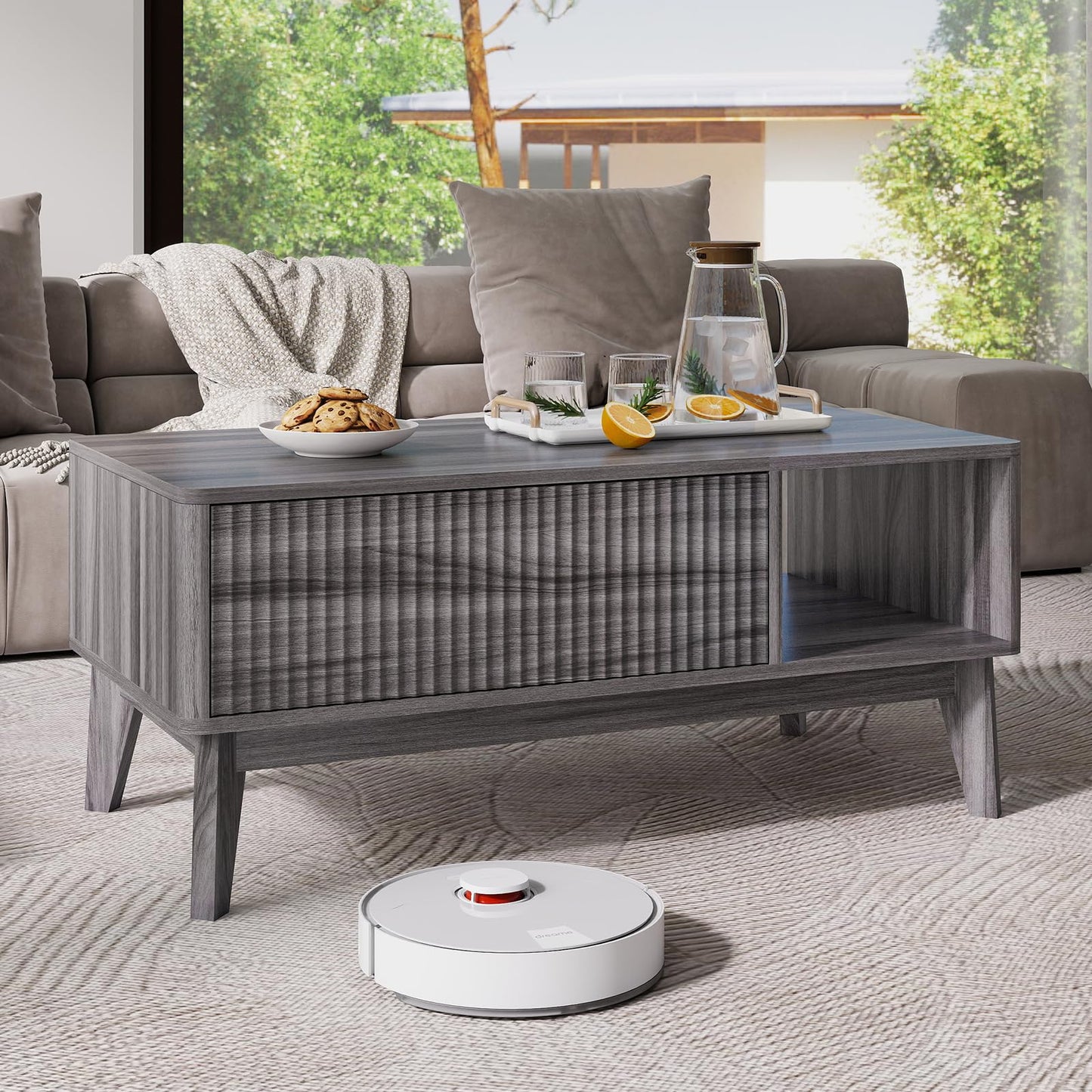 LYNCOHOME Fluted Lift Top Coffee Table with Storage – Modern Center Table for Living Room or Home Office, Grey Finish