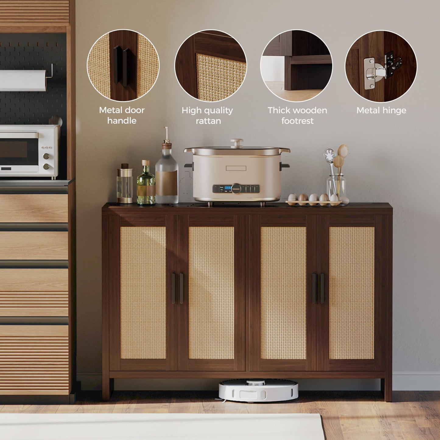 **Rattan Buffet Cabinet with Storage, Sideboard with Doors and Adjustable Shelves, Farmhouse Coffee Bar Station, Modern