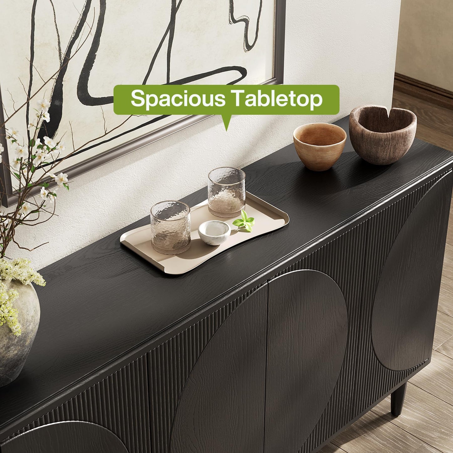 **LITTLE TREE 59" Buffet Cabinet Sideboard with Storage, Modern Sideboard Buffet Table with Doors for Living Room and Dining Room, Black**