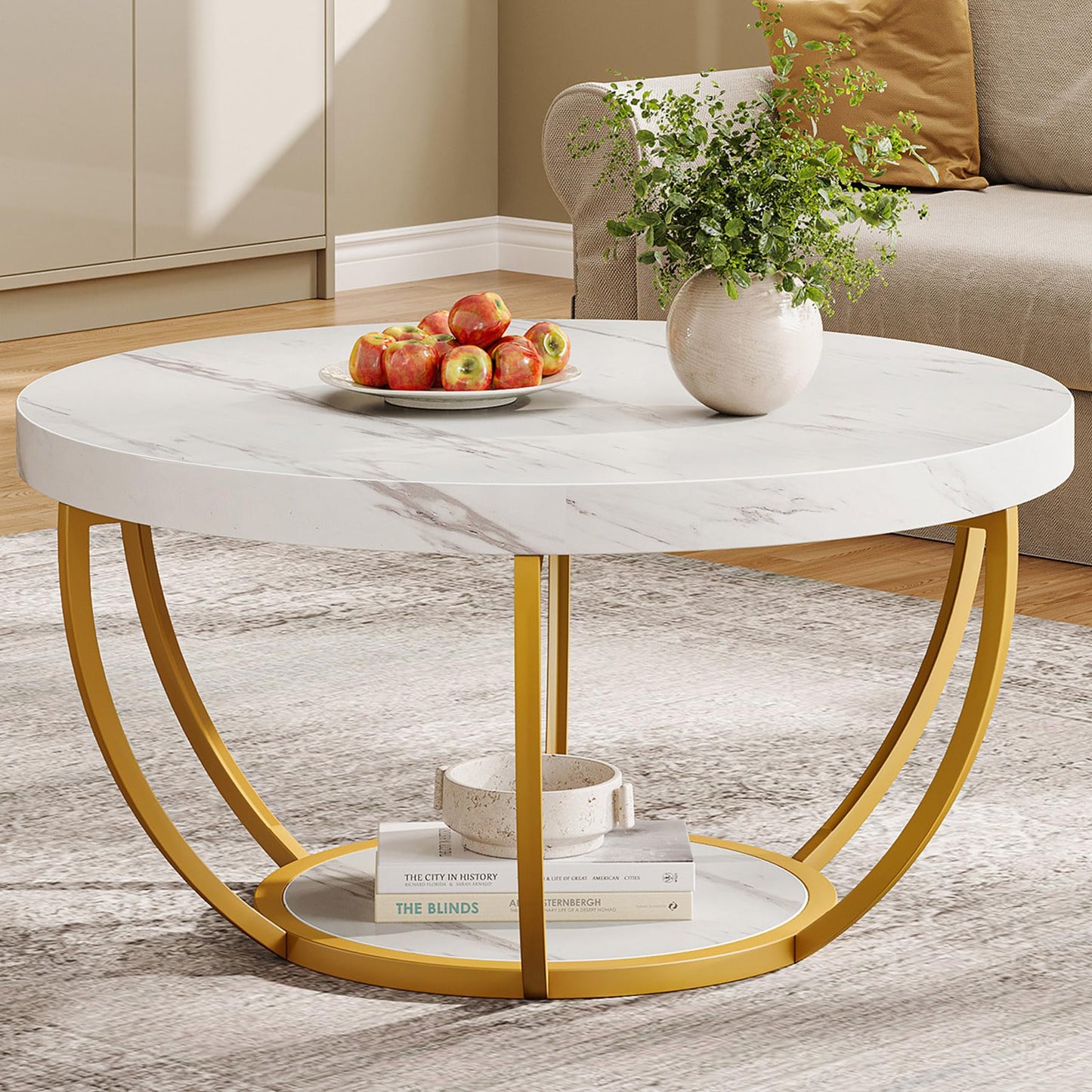 Tribesigns Modern Round Coffee Table, 2-Tier Circle Coffee Table with Faux White Marble Top and Gold Metal Legs, Elegant Accent Center Table for Living Room