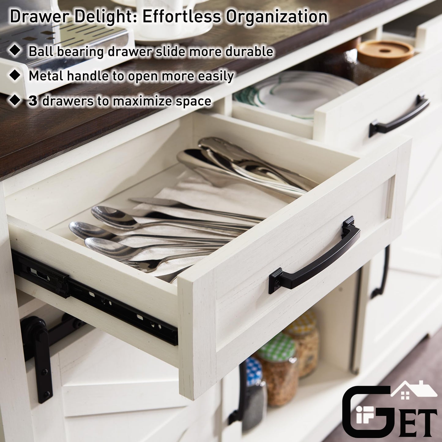 **Farmhouse Buffet Cabinet, 53" Sideboard with 3 Drawers, Rustic Storage Cabinet with Sliding Barn Door, Coffee Bar for Dining Room, Kitchen, Hallway, or Living Room, White**