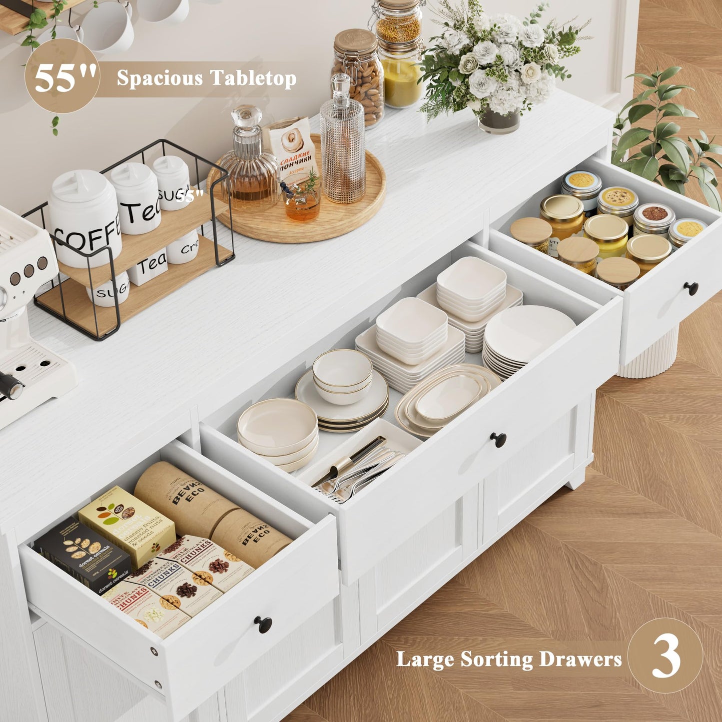 **HIFIT 55" Large Kitchen Buffet Cabinet with Storage, Modern Sideboard with Drawers, Doors, and Shelves, Wood Coffee Bar Cabinet for Kitchen, Dining, or Living Room, White**