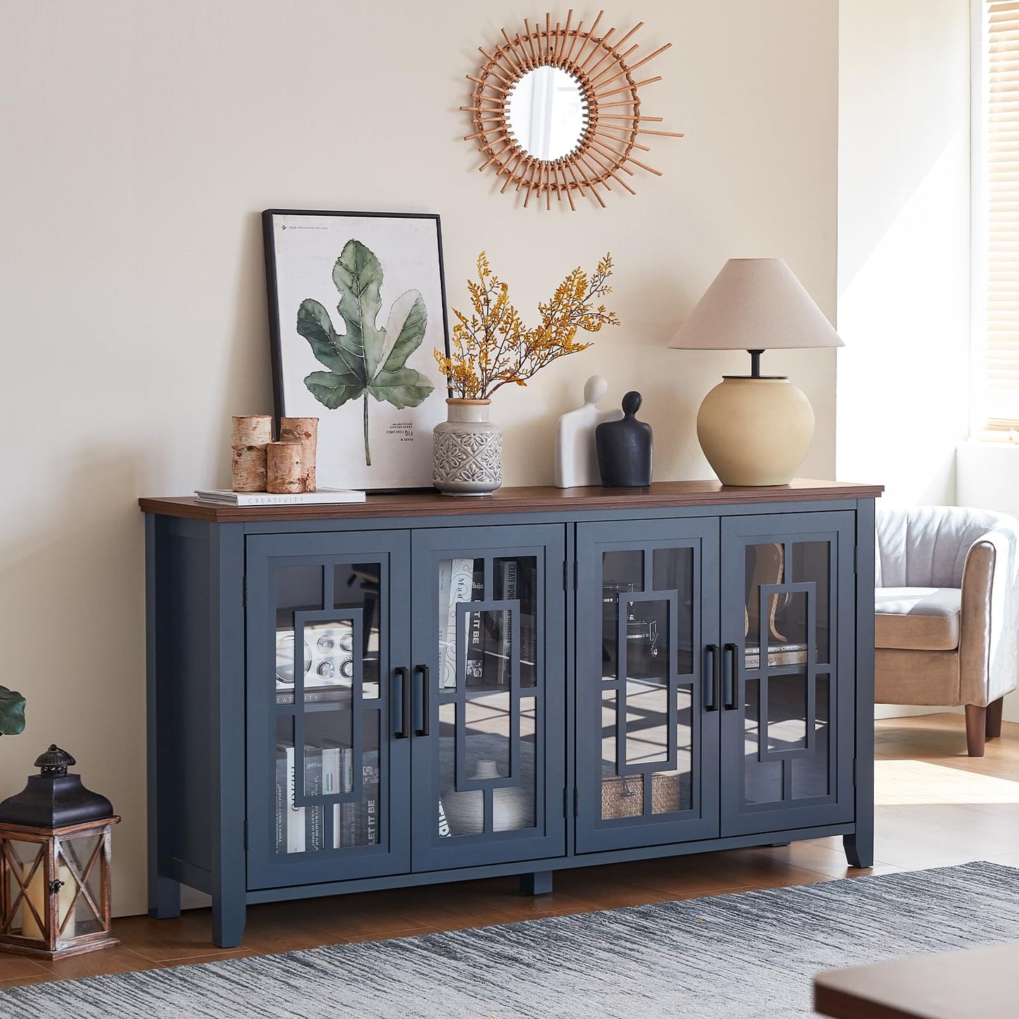 **63" Large Farmhouse Sideboard Buffet Cabinet with Storage, Navy Blue Wood Coffee & Wine Bar Cabinet with 4 Glass Doors, Mid-Century Modern Sideboard for Dining Room or Living Room**