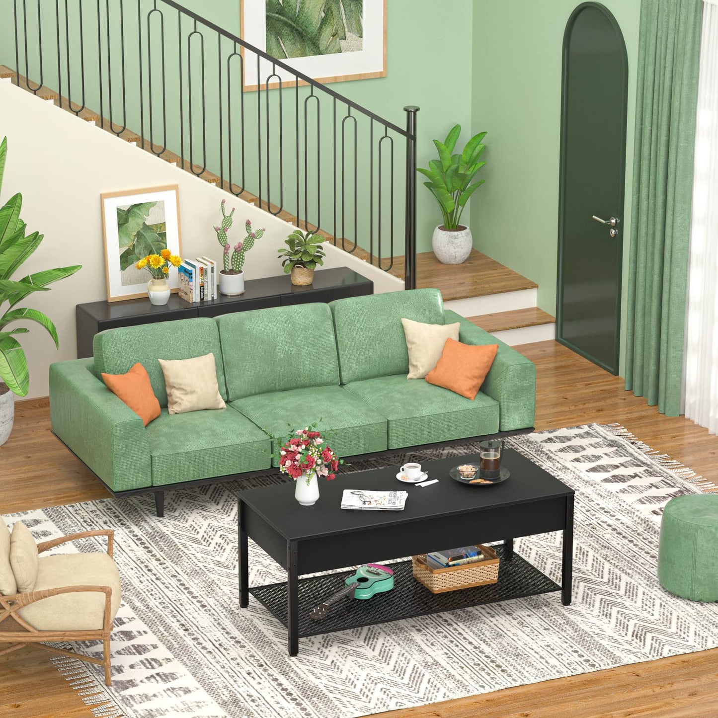 Lift Top Coffee Table with Storage Shelf and Hidden Compartment, Modern Wood and Metal Table for Living Room, Black