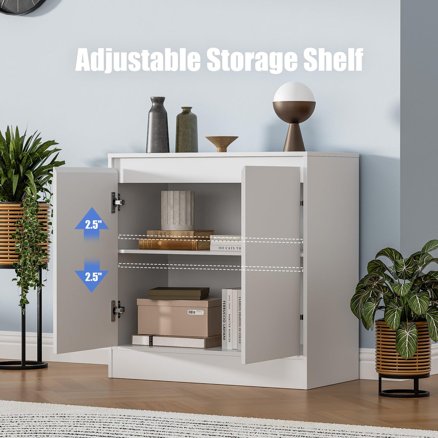 Buffet Cabinet with 2 Doors and Adjustable Shelf, Modern Kitchen Sideboard Coffee Bar for Living Room or Kitchen, White