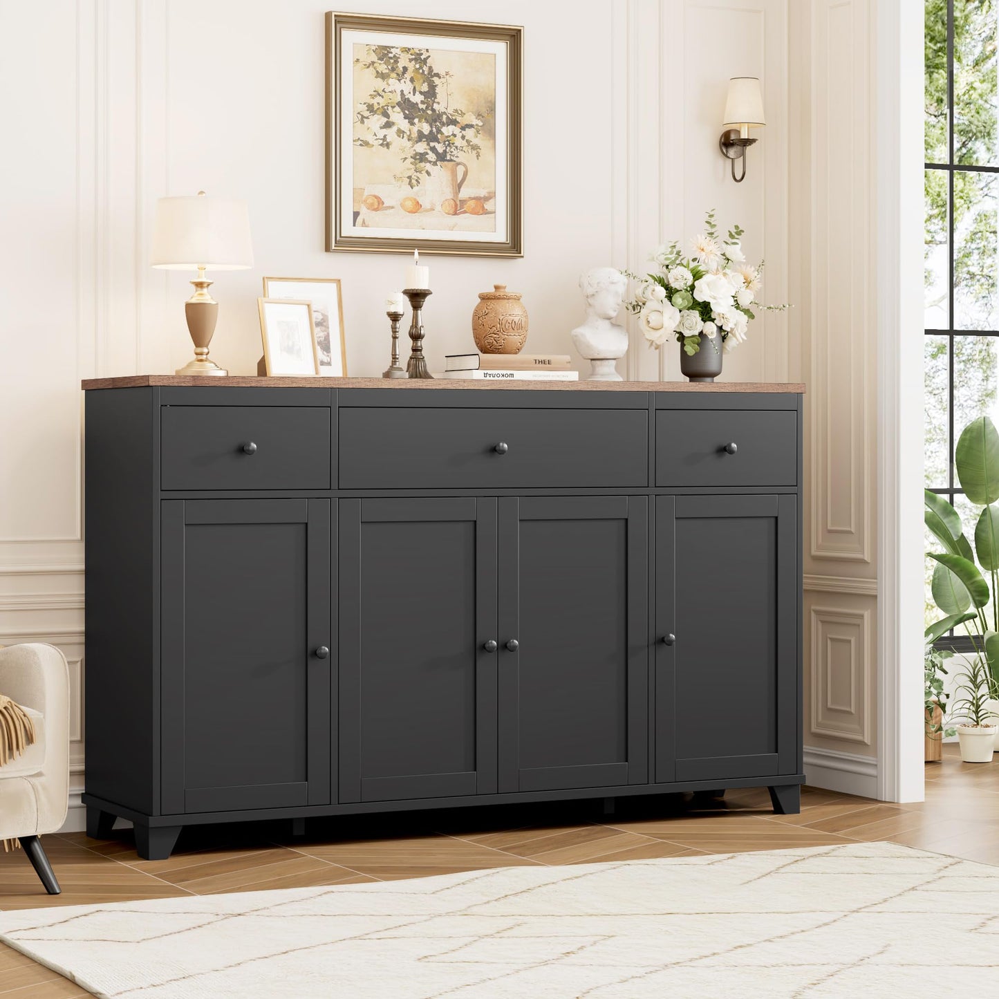 **HIFIT 55" Large Kitchen Buffet Cabinet with Storage, Farmhouse Sideboard with Drawers, Doors, and Shelves, Wood Coffee Bar Cabinet for Kitchen, Dining, or Living Room, Black**