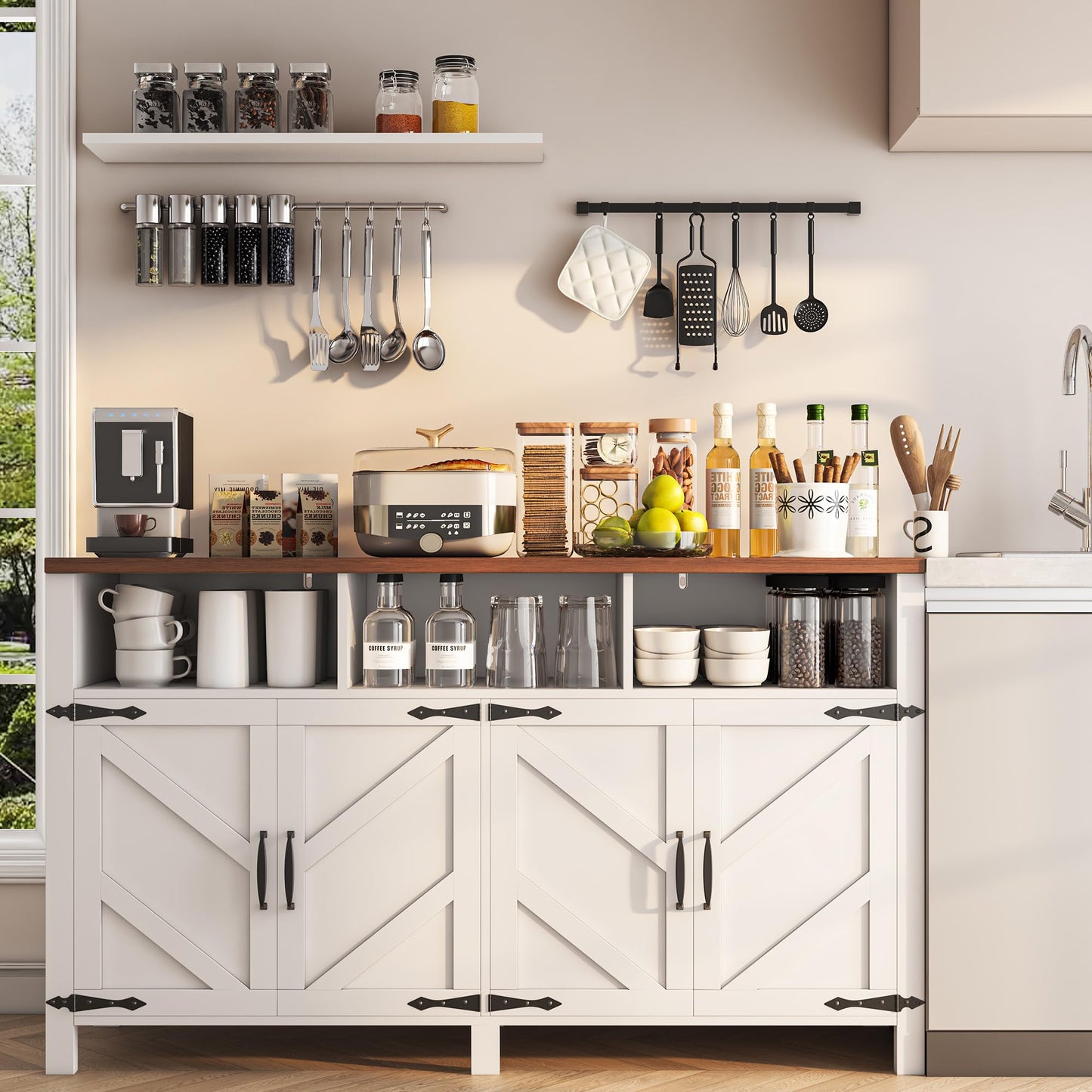 **YGEOMER Farmhouse Buffet Cabinet Sideboard with 3 Drawers and 2 Doors, Wood Coffee Bar Storage Cabinet for Kitchen or Dining Room**