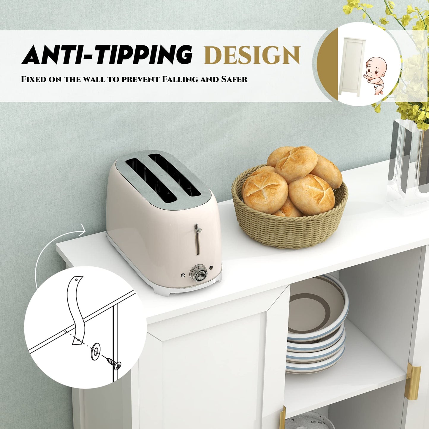 Black Buffet Cabinet with Storage, Modern Narrow Wooden Sideboard Accent Table for Living Room