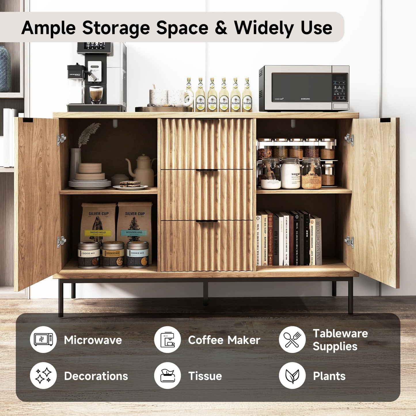 **Fluted Buffet Cabinet with Storage, Modern Sideboard with 2 Doors, 3 Drawers, and Adjustable Shelf, Coffee Bar Cabinet Credenza Buffet Table for Kitchen and Living Room, Oak**