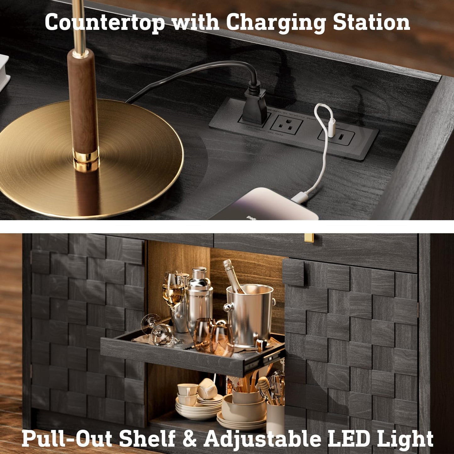 55" Fluted Sideboard Buffet Cabinet with Charging Station and LED Light, 2 Drawers, Pull-Out Shelf, and Spice Rack, Modern Kitchen Storage, Black Oak