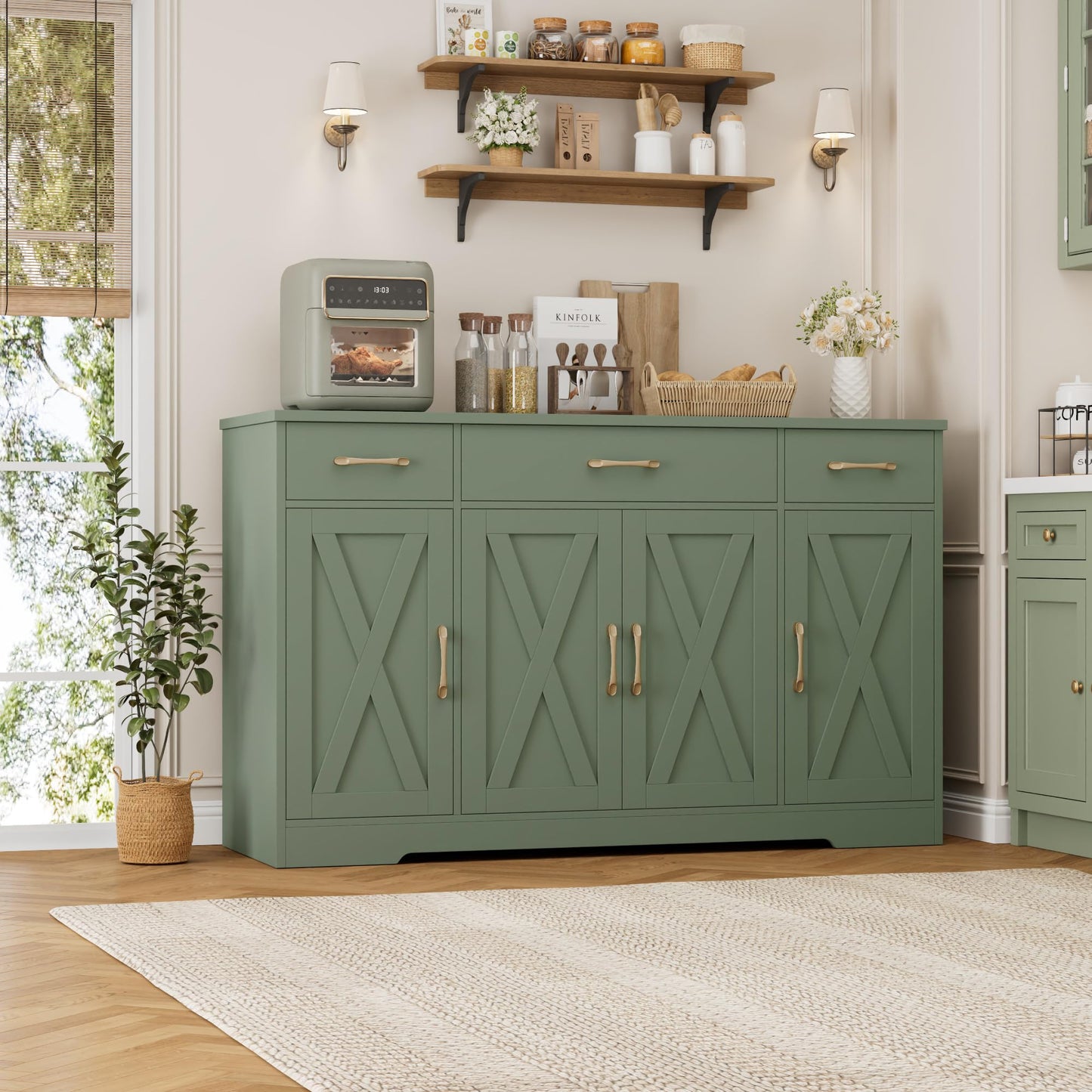 55" Large Buffet Sideboard Cabinet with Drawers, Shelves, and Doors, Modern Farmhouse Coffee Bar Station for Kitchen or Dining Room, Green