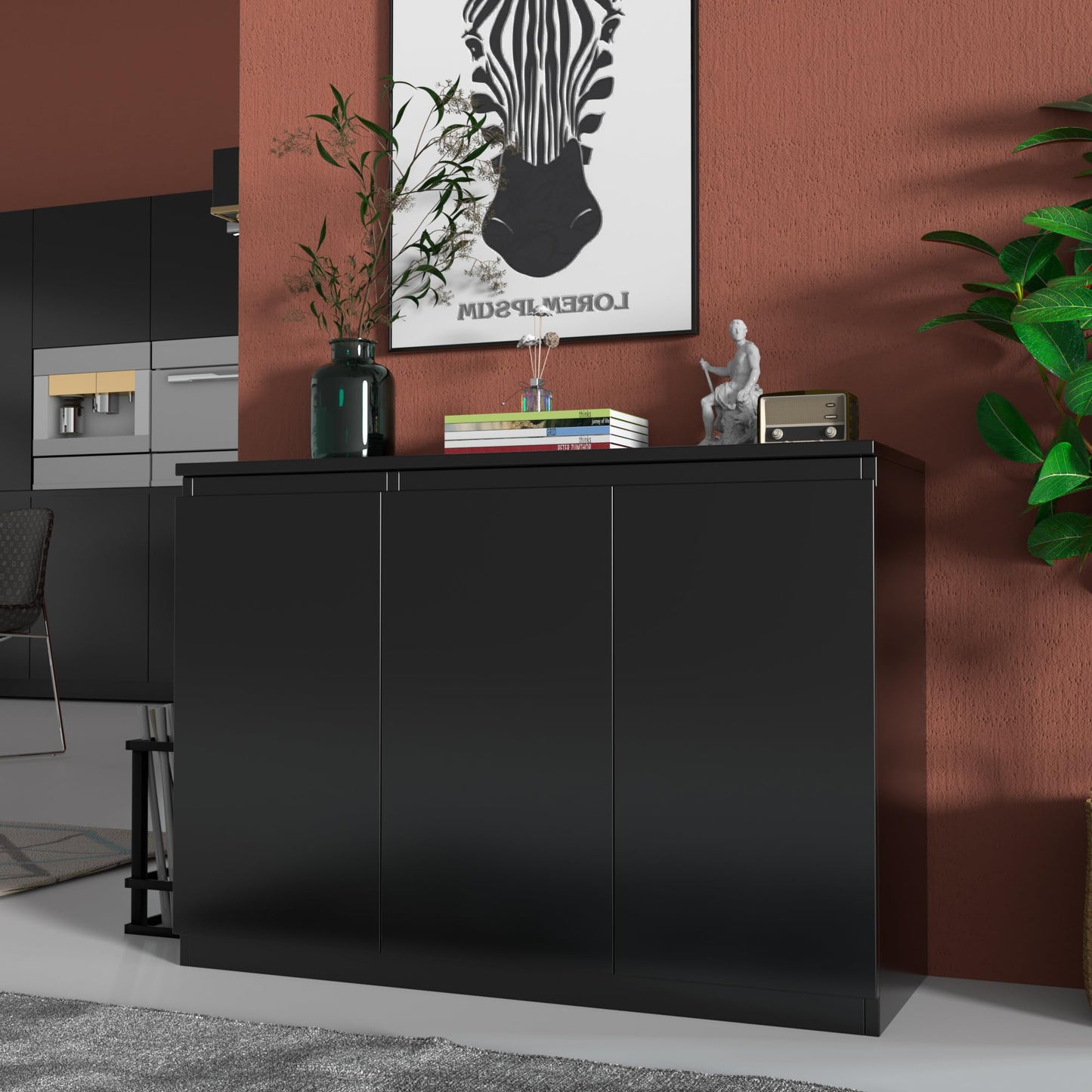 43" Black Buffet Storage Cabinet with 3 Doors, Coffee Bar Sideboard for Kitchen or Living Room, 43.3" W x 31.5" H