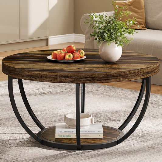 Tribesigns 31.7" Round Coffee Table, Modern 2-Tier Wooden Circle Coffee Table with Storage Shelves, Rustic Brown Accent Cocktail Center Table for Living Room