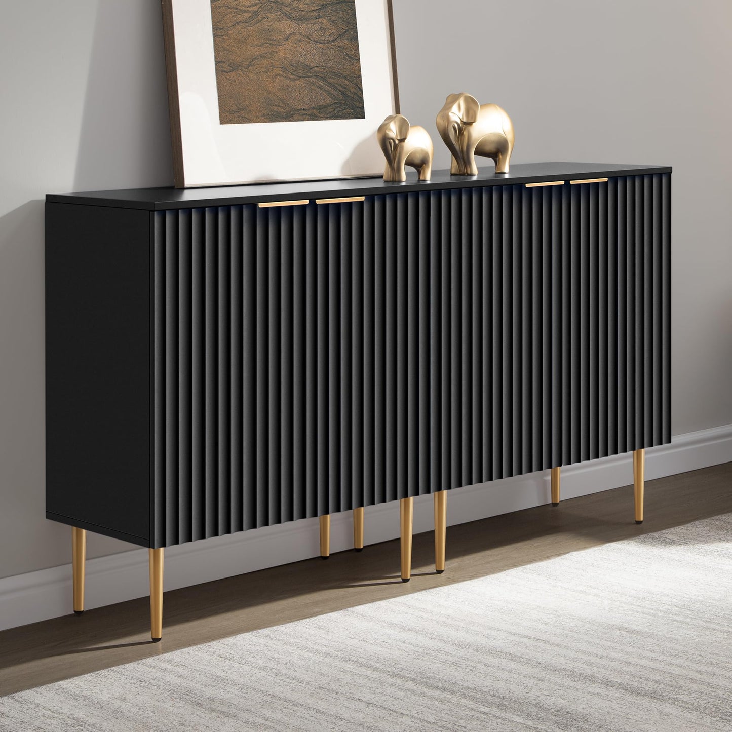 57" Modern Sideboard Buffet Cabinet with 4 Doors and Adjustable Shelf, Space-Saving Storage Console for Entryway, Kitchen, or Living Room, White