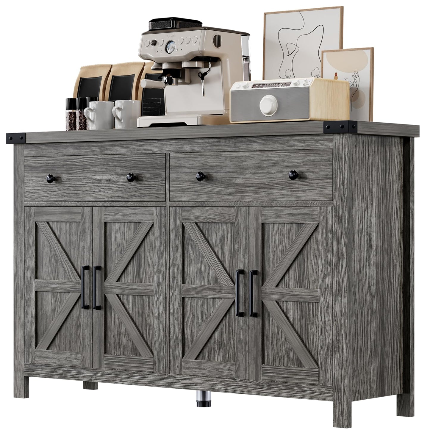 55" Modern Farmhouse Sideboard Buffet Cabinet with Storage, Grey Wood Coffee Bar Cabinet with 2 Drawers & 4 Barn Doors, Long Storage Cabinet for Kitchen, Dining Room & Living Room