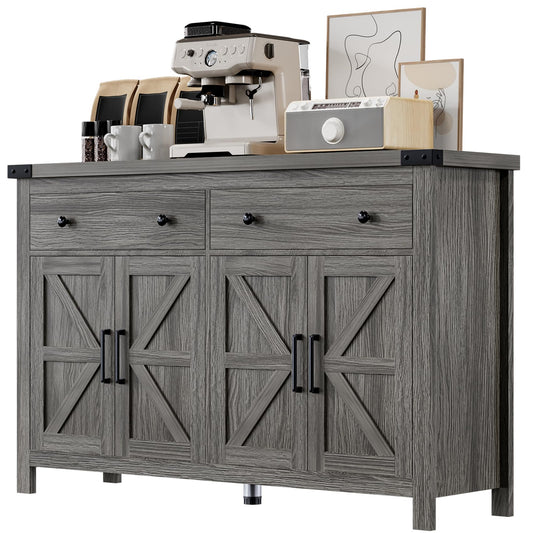 55" Modern Farmhouse Sideboard Buffet Cabinet with Storage, Grey Wood Coffee Bar Cabinet with 2 Drawers & 4 Barn Doors, Long Storage Cabinet for Kitchen, Dining Room & Living Room