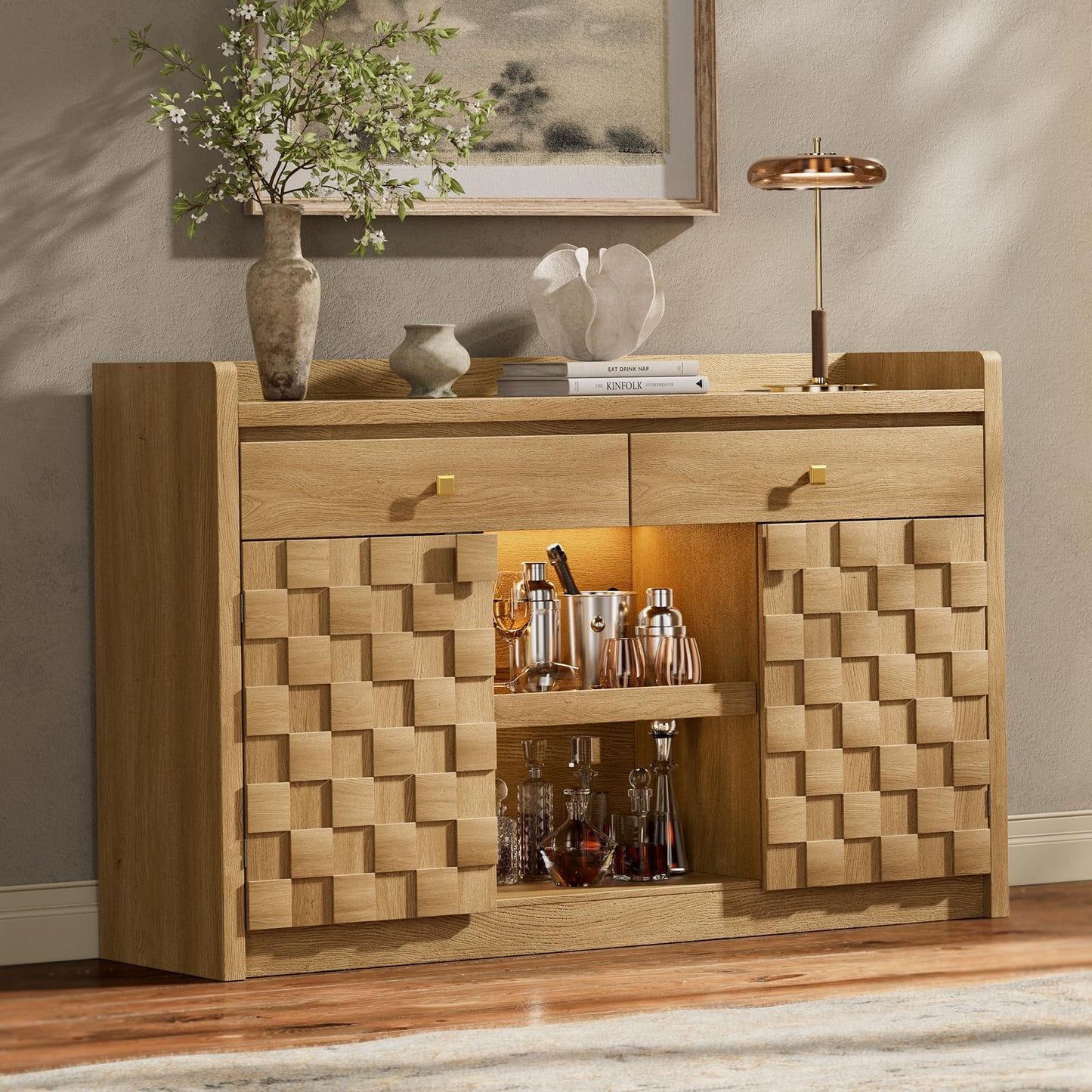 55" Fluted Sideboard Buffet Cabinet with Charging Station and LED Light, 2 Drawers, Pull-Out Shelf, and Spice Rack, Modern Kitchen Storage, Original Oak