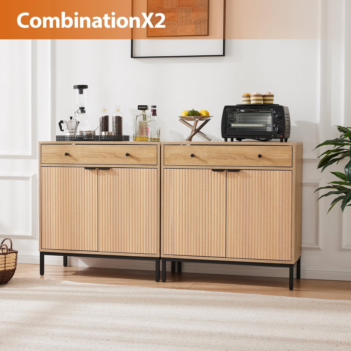 **Farmhouse Sideboard Buffet Cabinet with Drawer, Coffee Bar Station Table, Kitchen Storage Cabinet with Doors and Adjustable Shelves, Modern Wood Cupboard for Dining Room, Living Room, and Entryway**