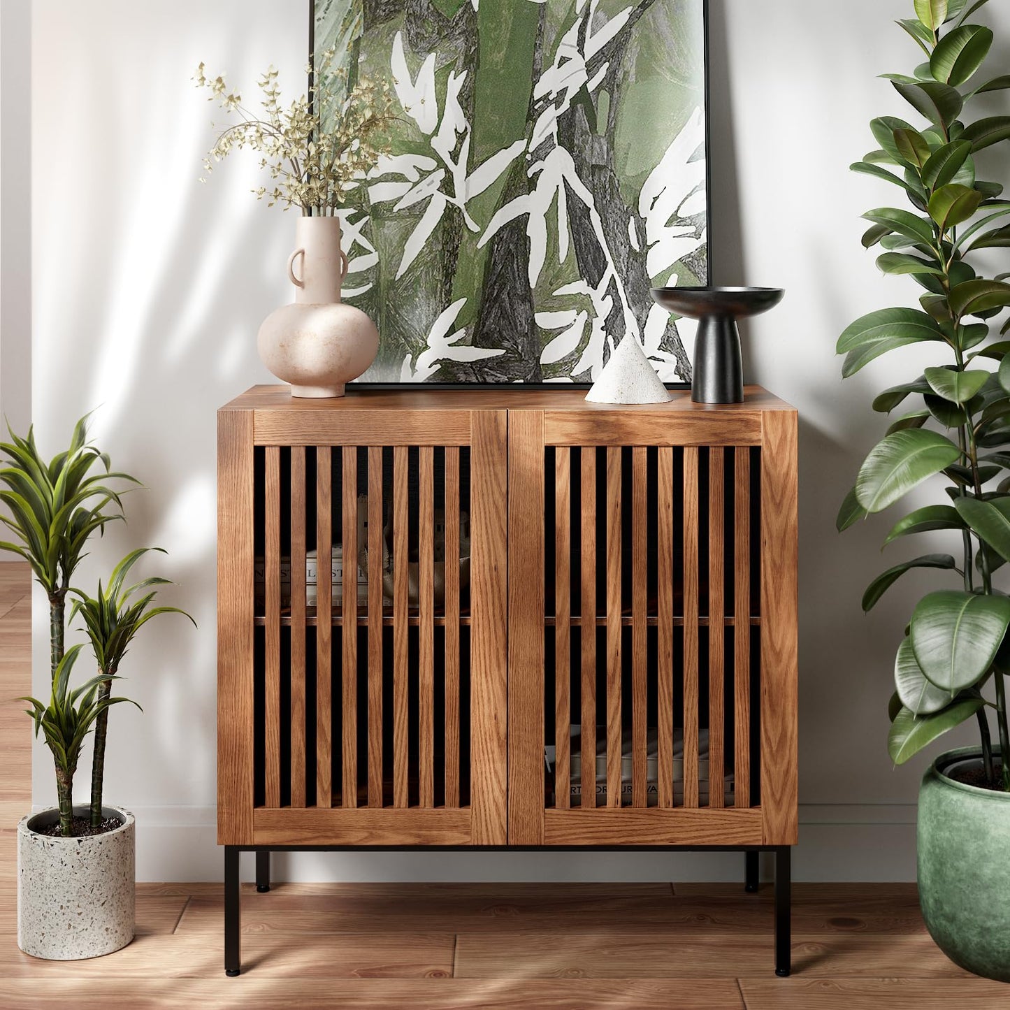 **32" Storage Cabinet, Modern Coffee Bar with Adjustable Shelf and Metal Base, Wood Multifunctional Console Table for Kitchen, Living Room, and Entryway, Brown**