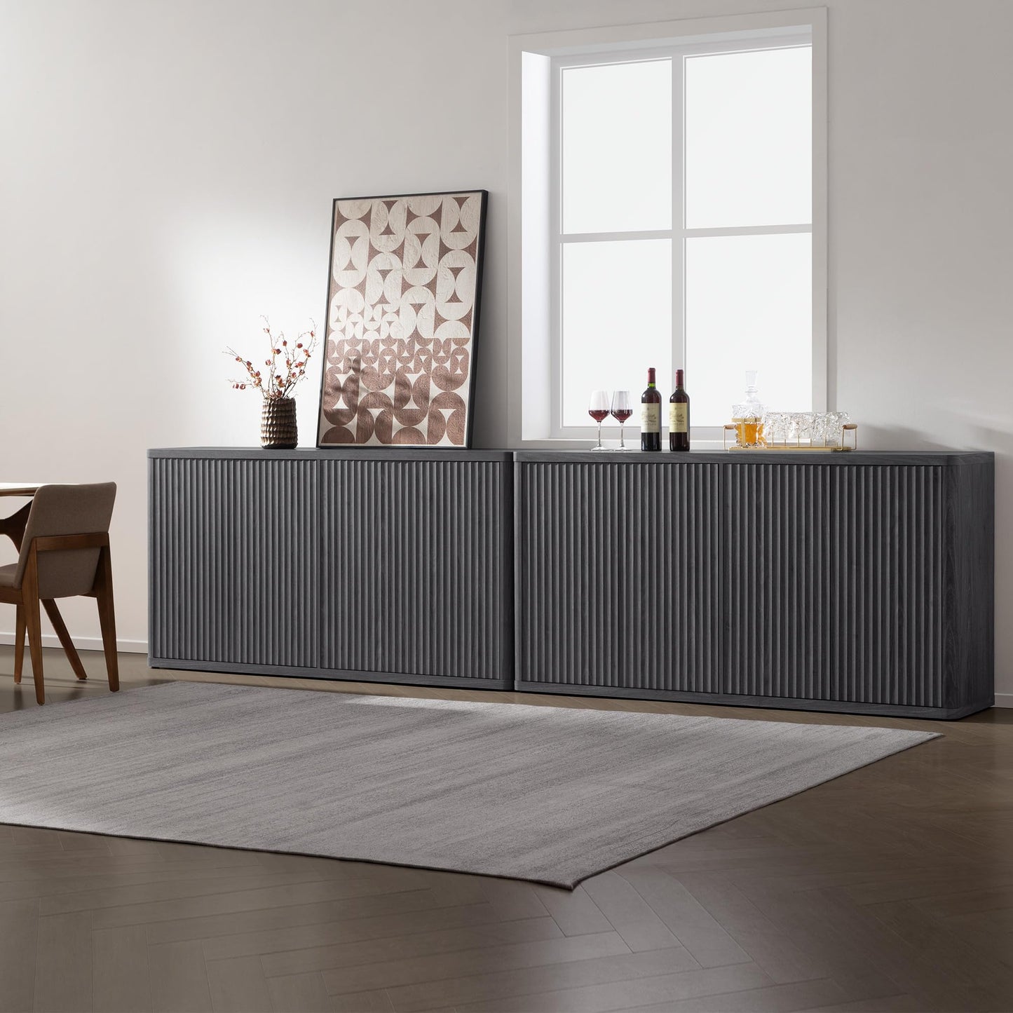 SICOTAS 66.3" Modern Fluted Buffet Cabinet with Storage, Accent Sideboard with 4 Doors, Wide Credenza Buffet Table Media Console Cabinet for Entryway, Living Room, Kitchen, Dining Room, or Hallway