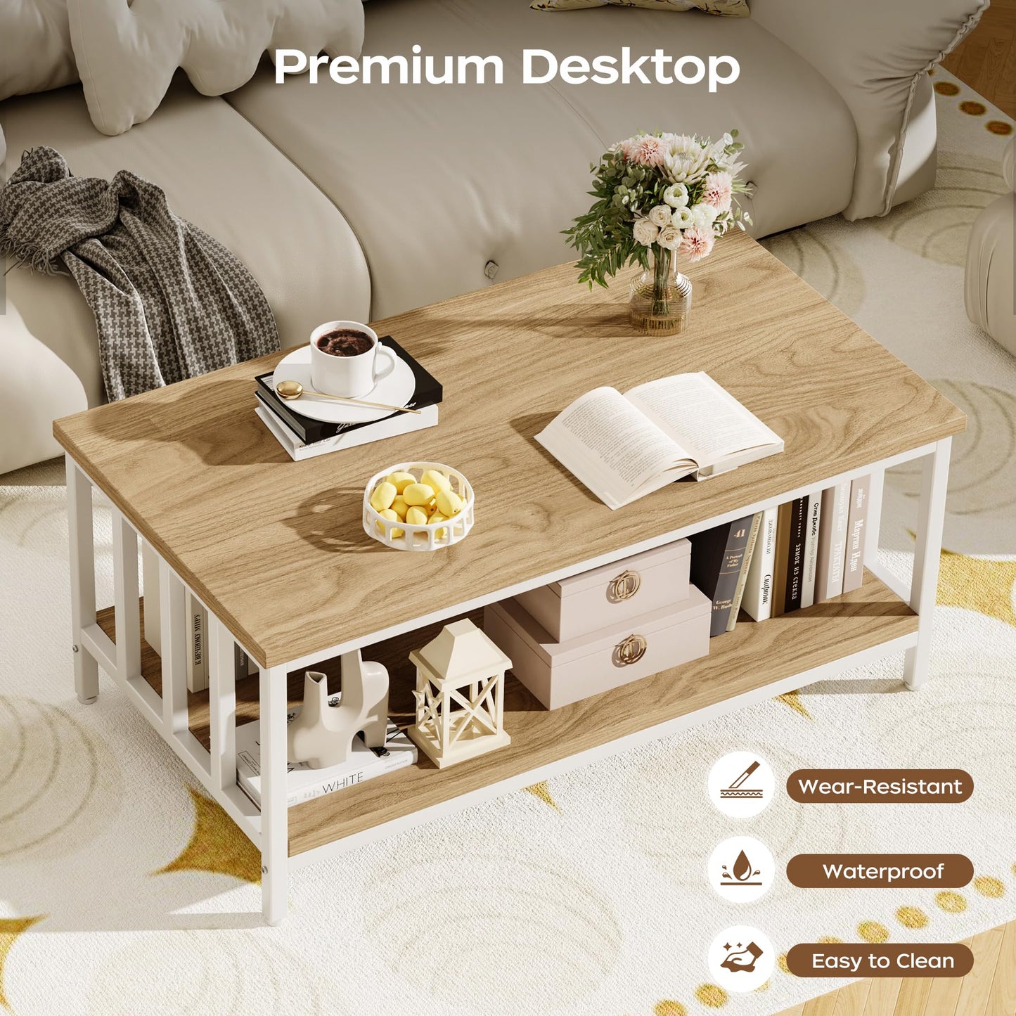 Modern Farmhouse Coffee Table with Slatted Frame, 2-Tier Storage Shelf for Living Room or Office, 39 Inch Light Coffee